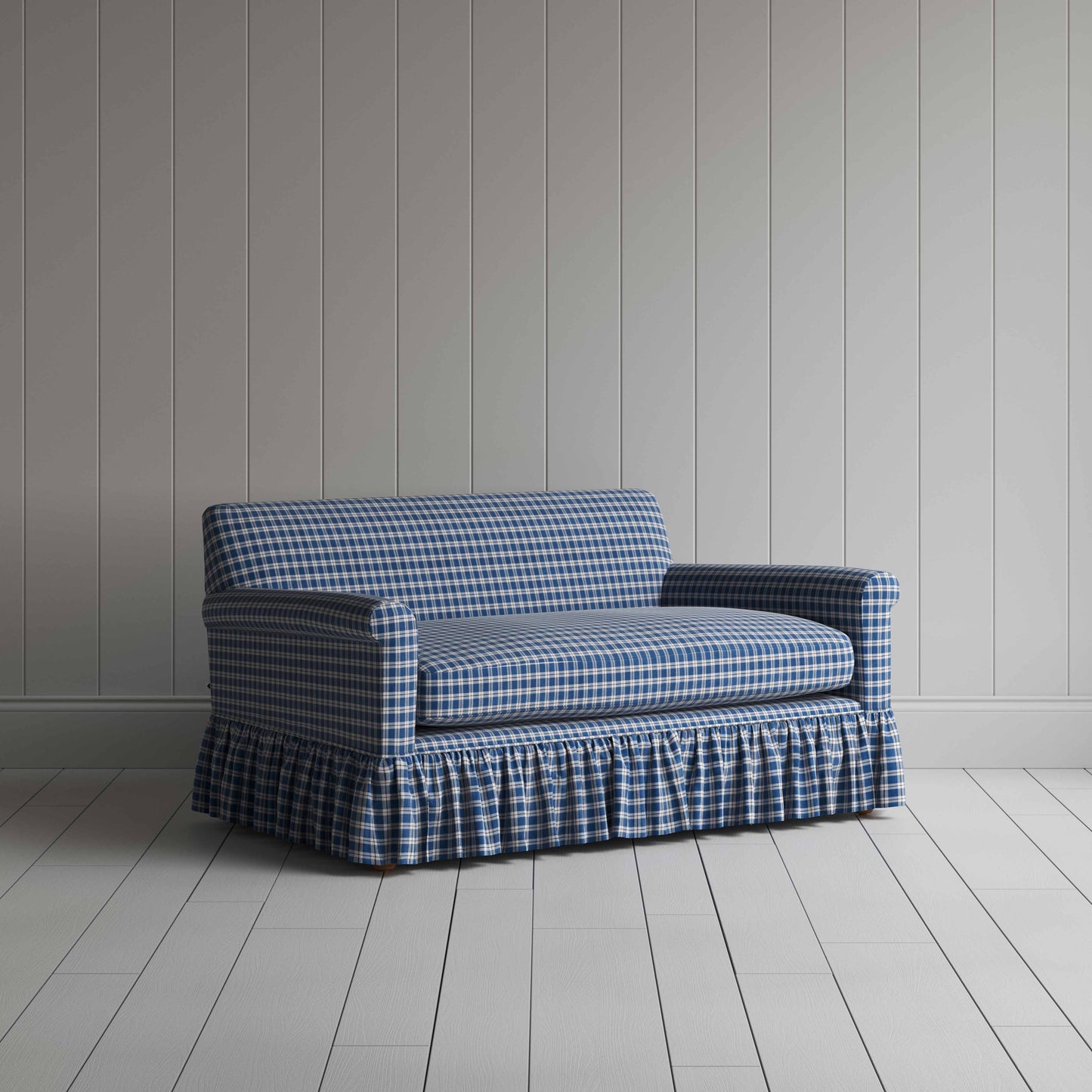 Curtain Call 2 Seater Sofa in Well Plaid Cotton, Blue Brown - Nicola Harding