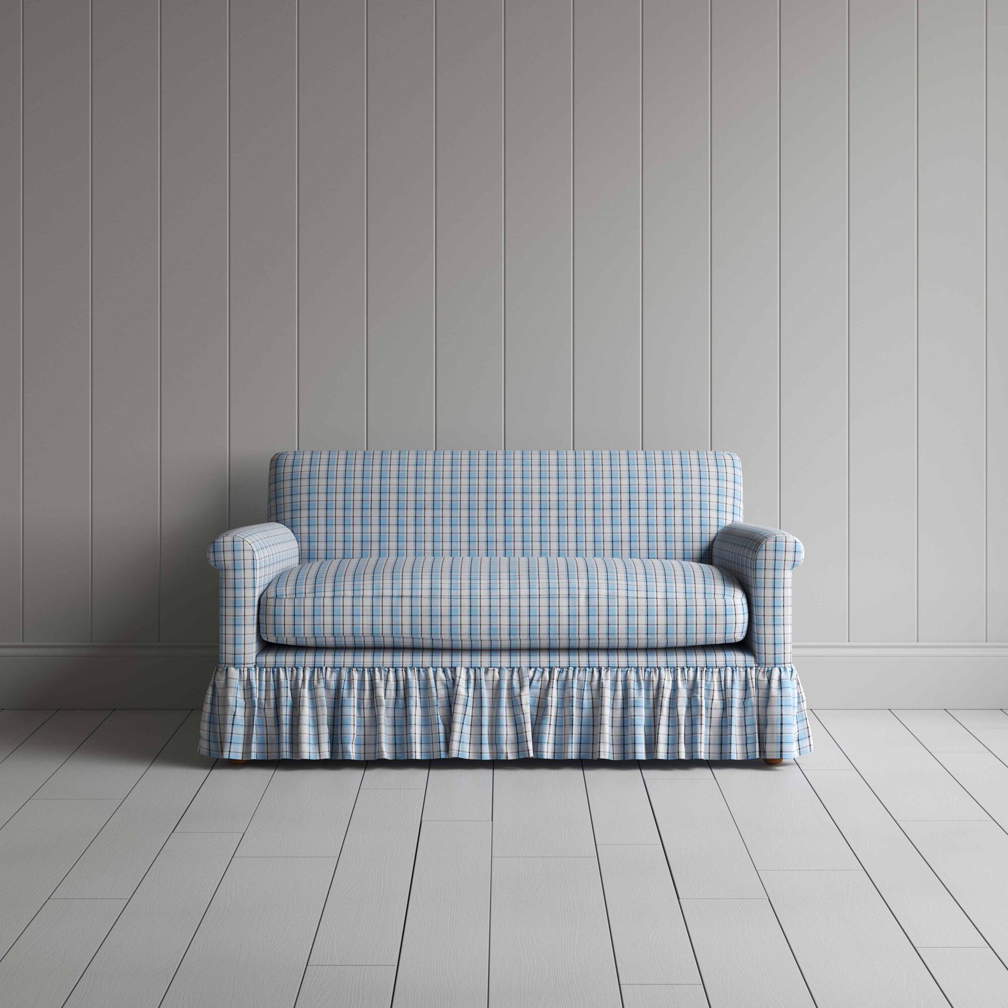 Curtain Call 2 Seater Sofa in Square Deal Cotton, Blue Brown Front-View - NiX