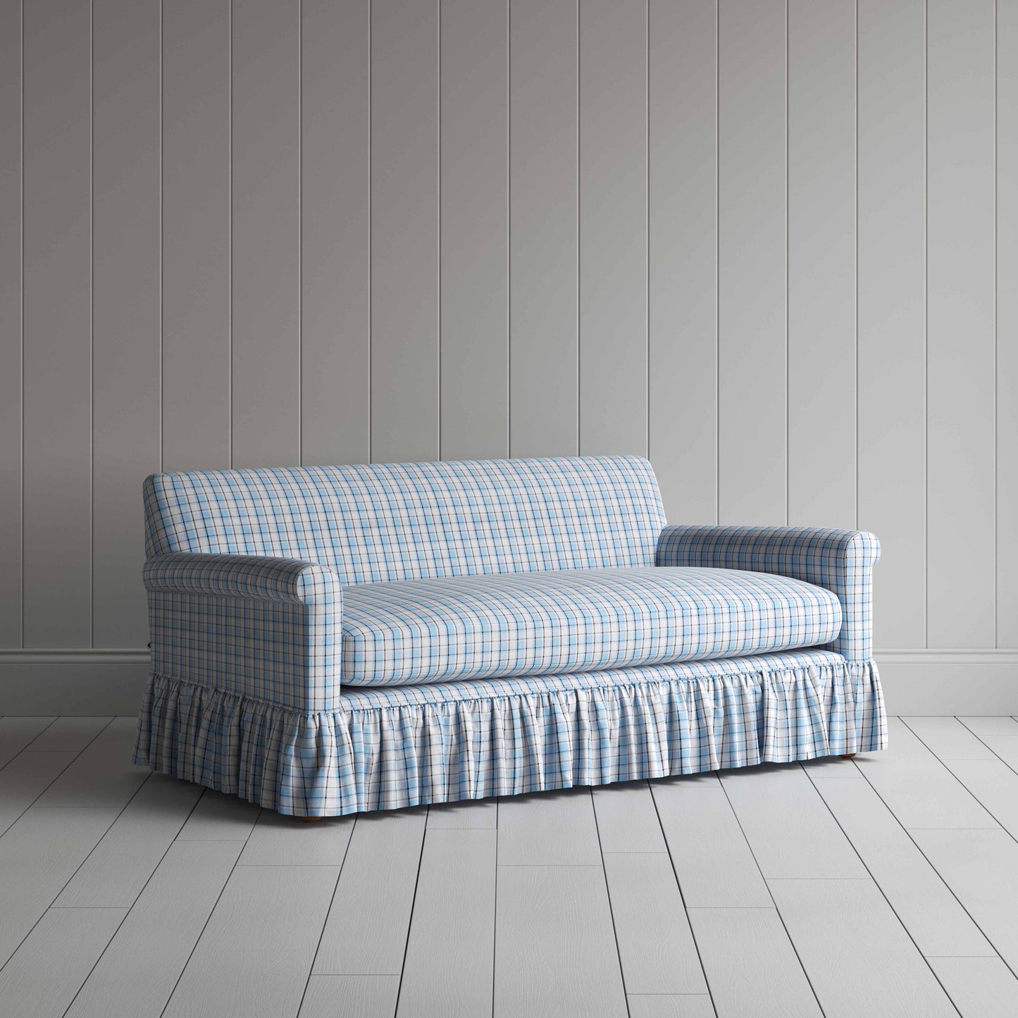 Curtain Call 3 Seater Sofa in Square Deal Cotton, Blue Brown - Nicola Harding