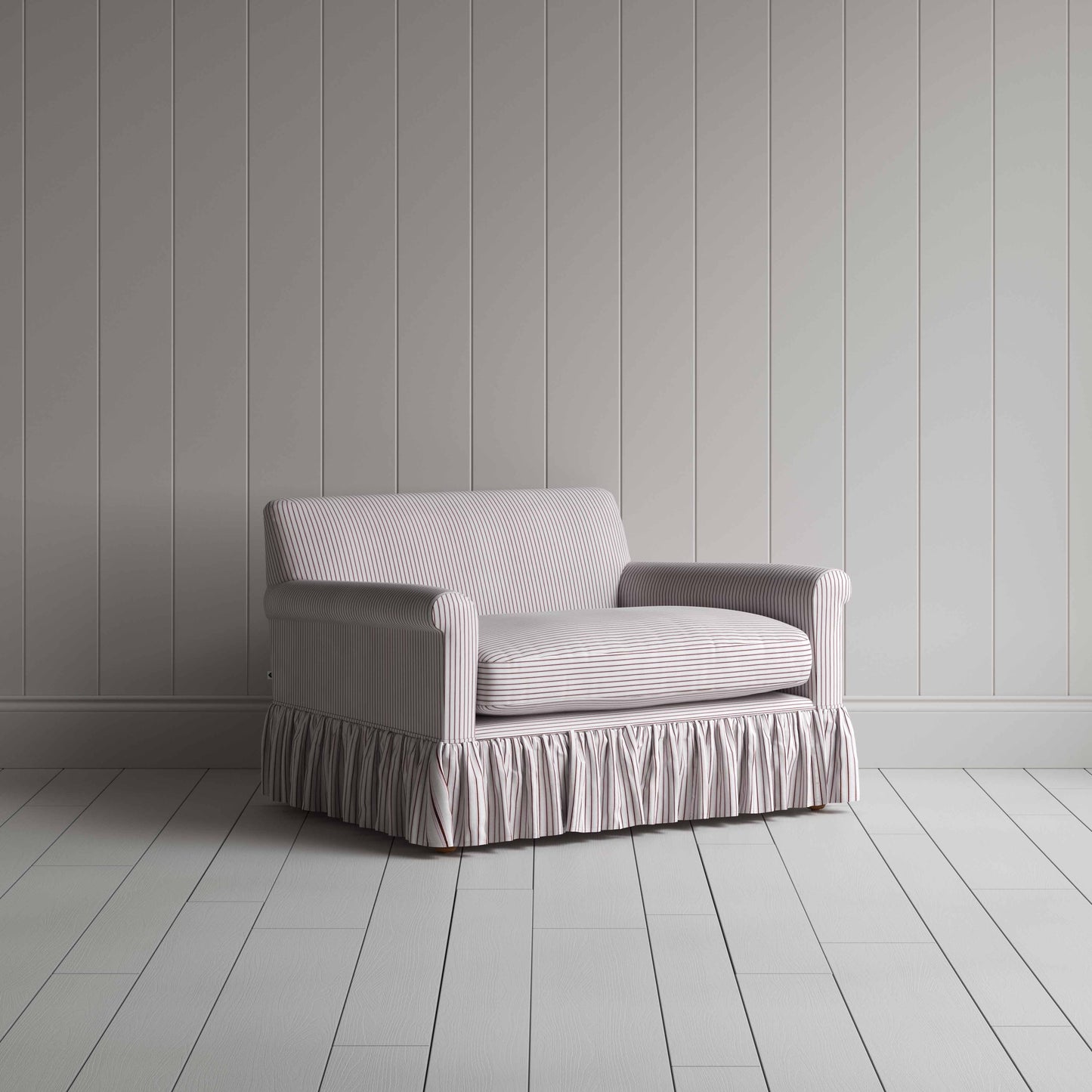 Curtain Call Love Seat in Ticking Cotton, Berry - Nicola Harding