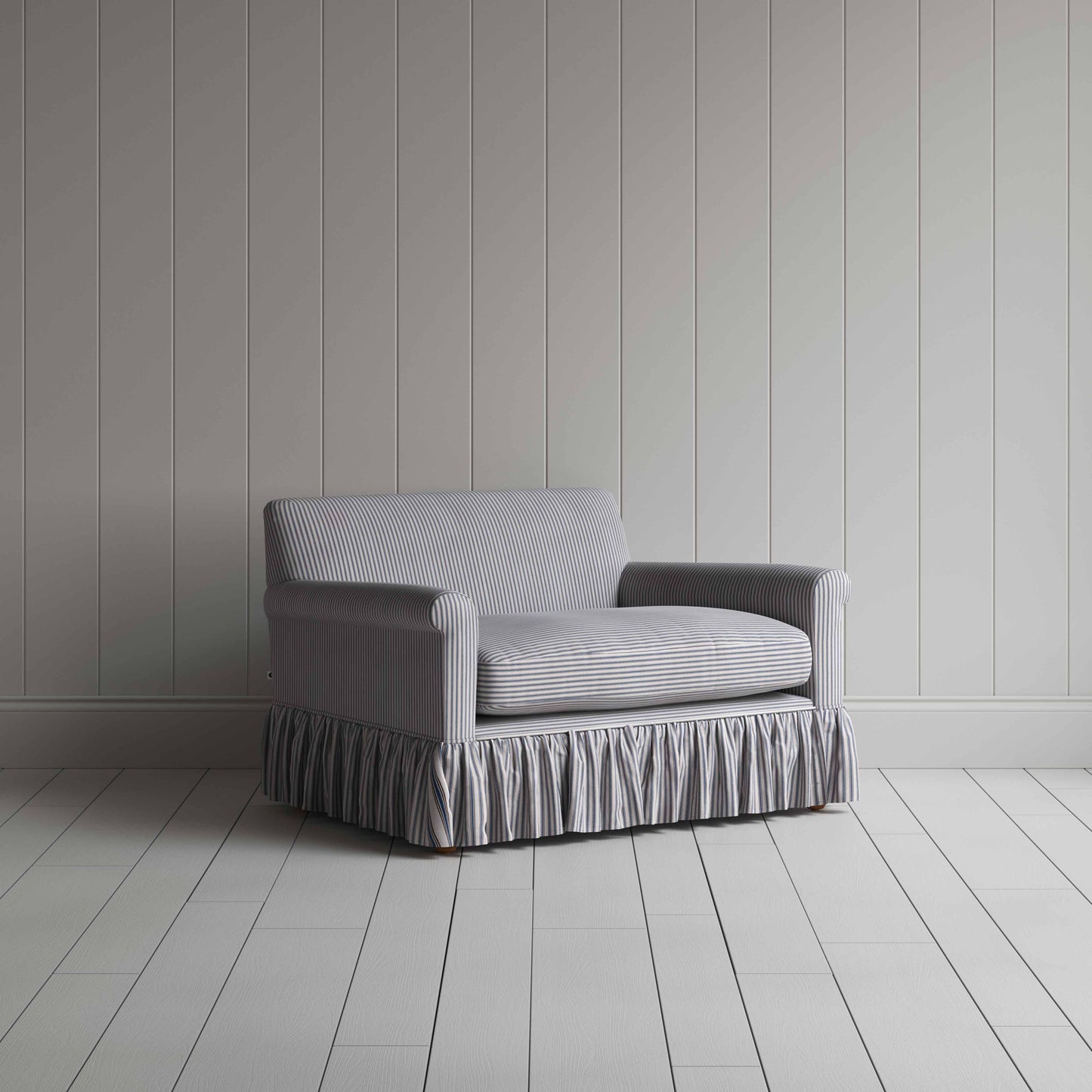 Curtain Call Love Seat in Ticking Cotton, Blue Brown - Nicola Harding