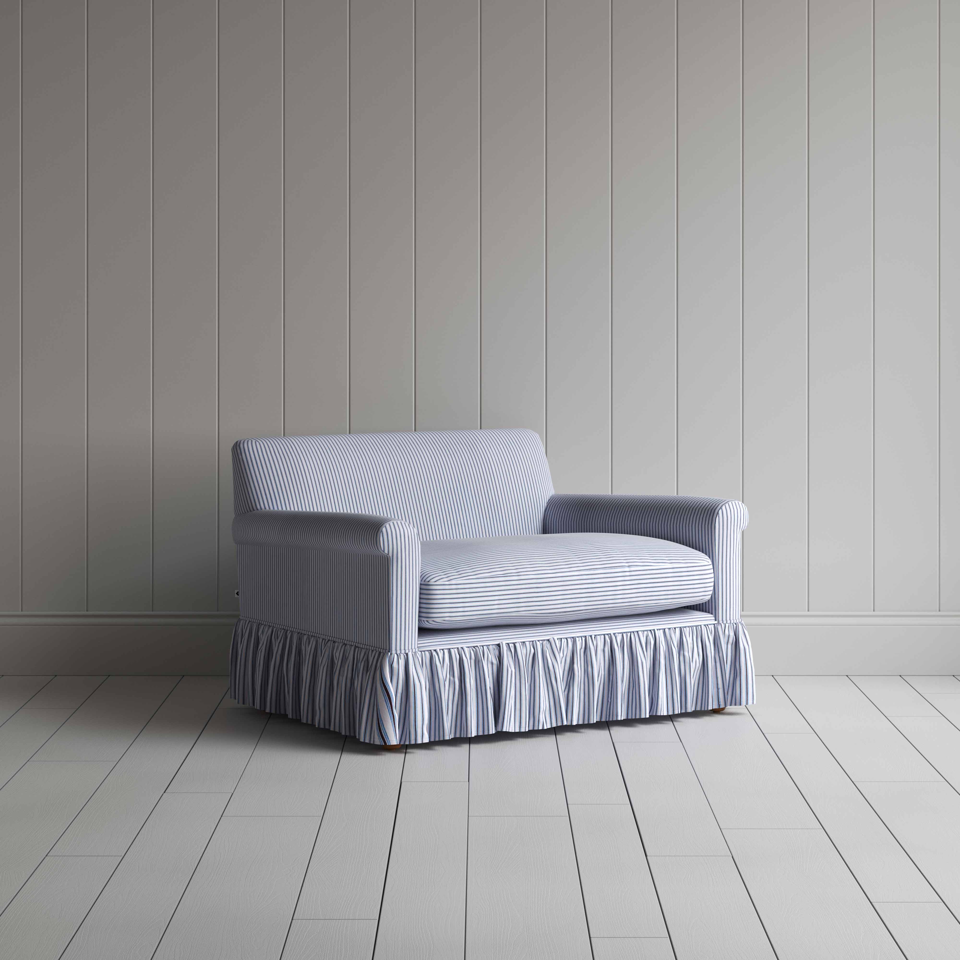 Curtain Call Love Seat in Ticking Cotton, Aqua Brown - Nicola Harding