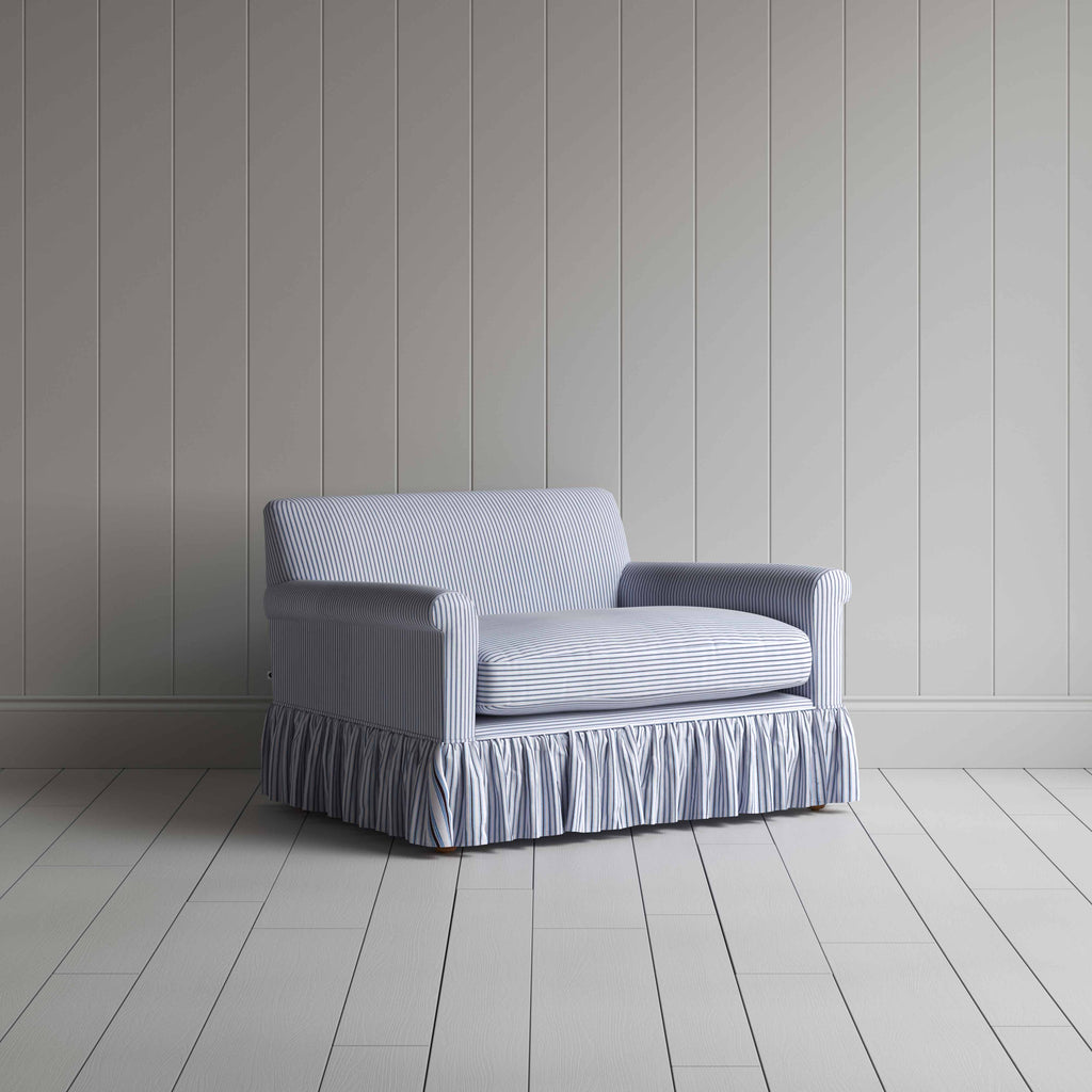 Curtain Call Love Seat in Ticking Cotton, Aqua Brown - Nicola Harding