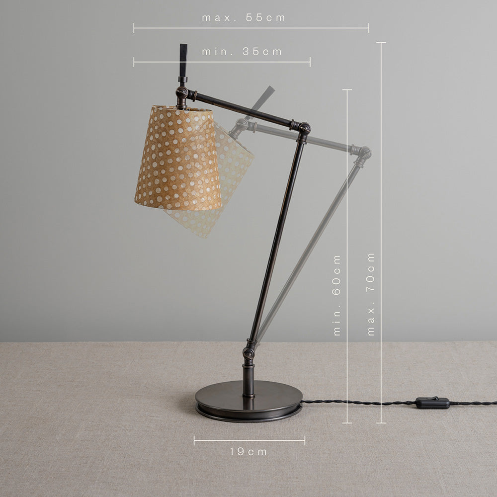 Max & Min Height and Width Dimensions of Focused Table Lamp Base in Waxed Brass, With Focused Empire Batik Paper Lamp Shade in Spotty Dotty Tan in 'cm' - Nicola Harding