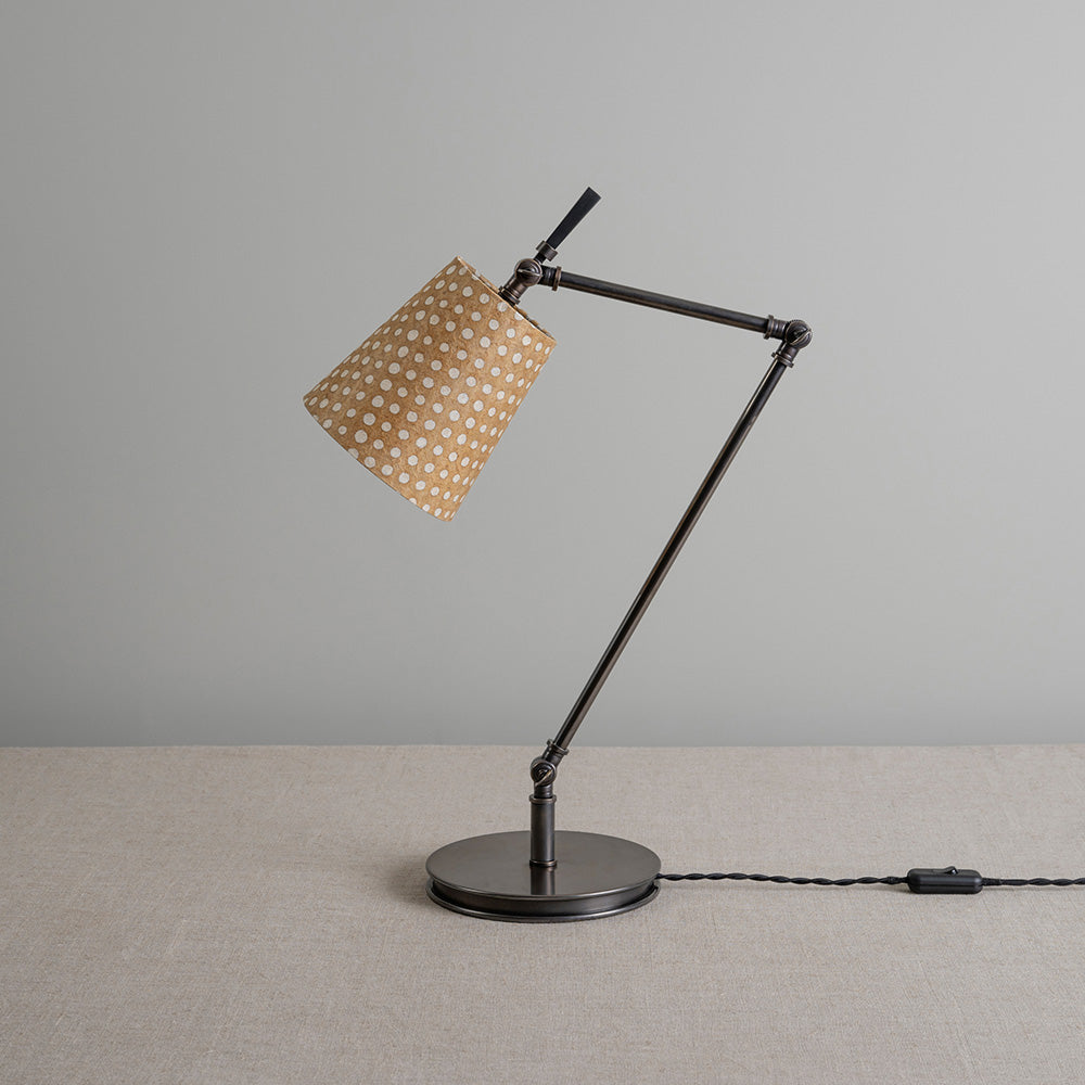 Focused Table Lamp Base in Waxed Brass, With Focused Empire Batik Paper Lamp Shade in Spotty Dotty Tan - Nicola Harding