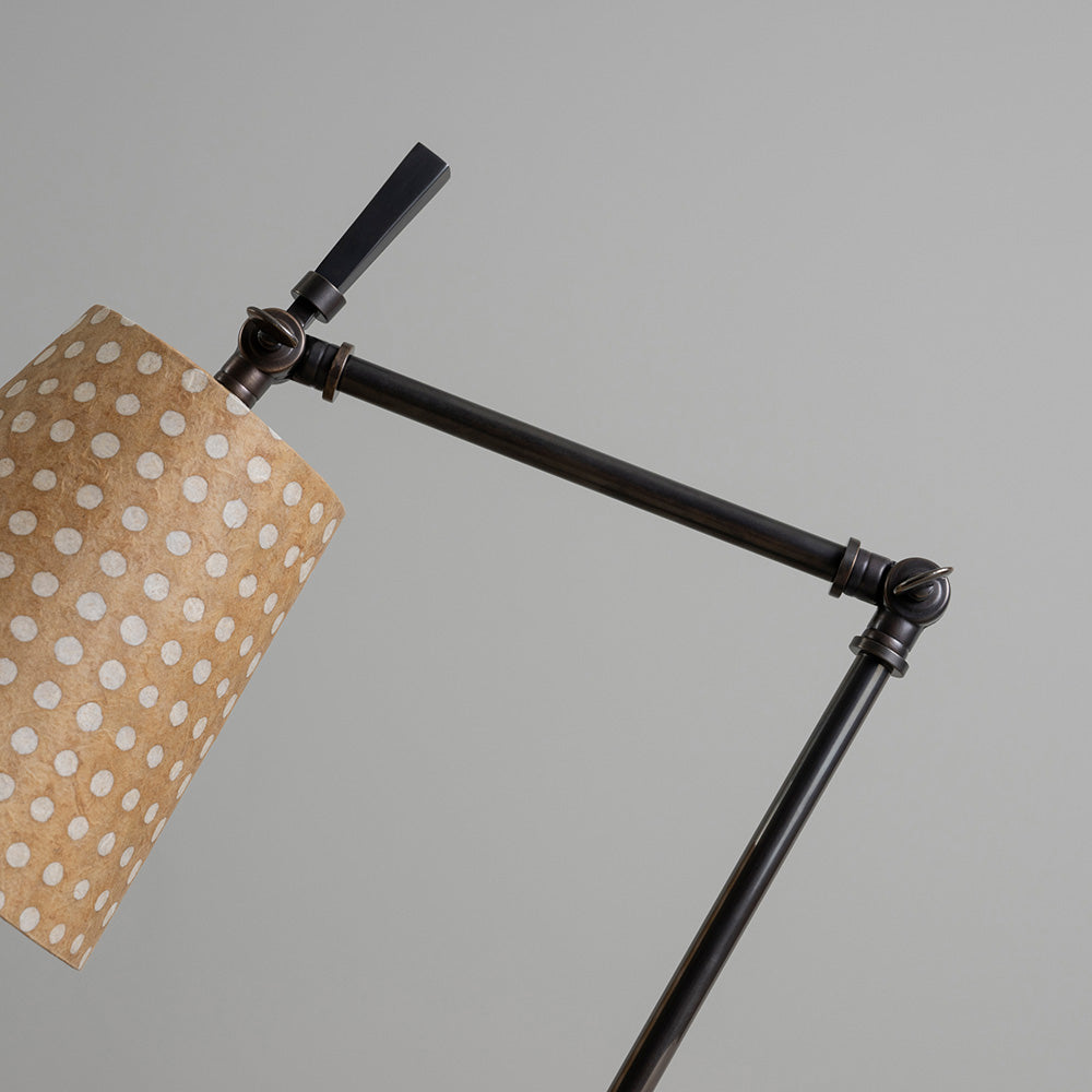 Focused Table Lamp Base in Waxed Brass with Empire Batik Paper Lampshade in Spotty Dotty Tan, Closeup of Adjustment Levers – Nicola Harding