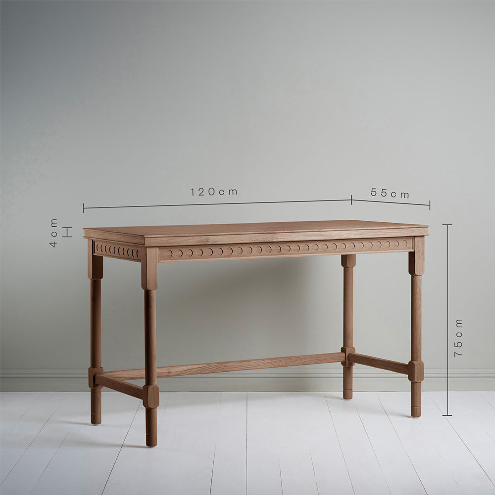 Dimensions of Scribble Desk, Smoky Stained Oak, Length is 120cm, Width 55cm, Height 75cm and thickness is 4cm - By NiX
