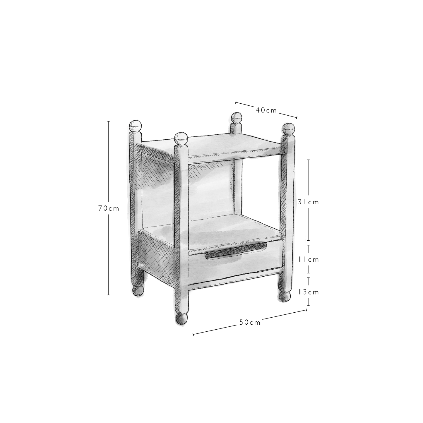 Slumber Bedside Table With Drawer, Raw Unfinished Dimensions Diagram - By NiX