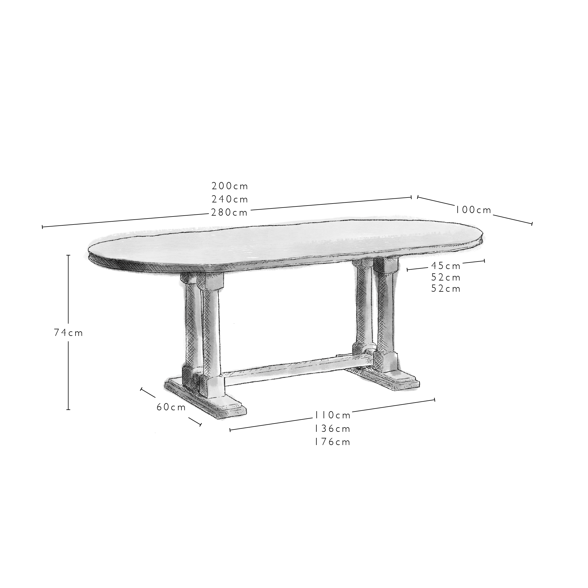 Demission Drawing of Tuck In Oval Dining Table in Oak - NiX