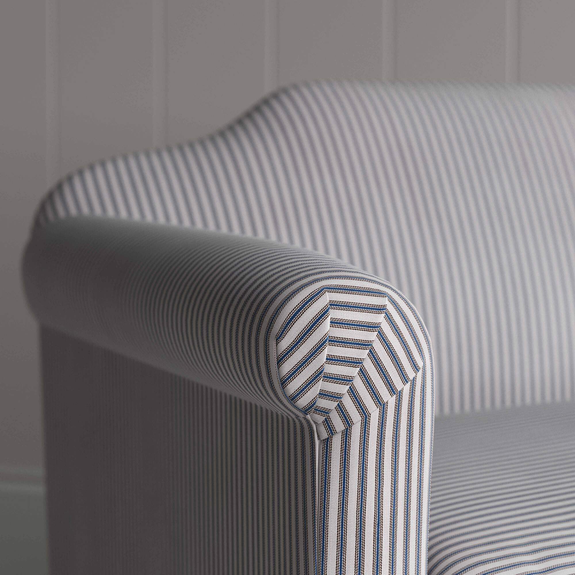 Dolittle in Ticking Cotton, Blue Brown, Arm Design Closeup - Nicola Harding