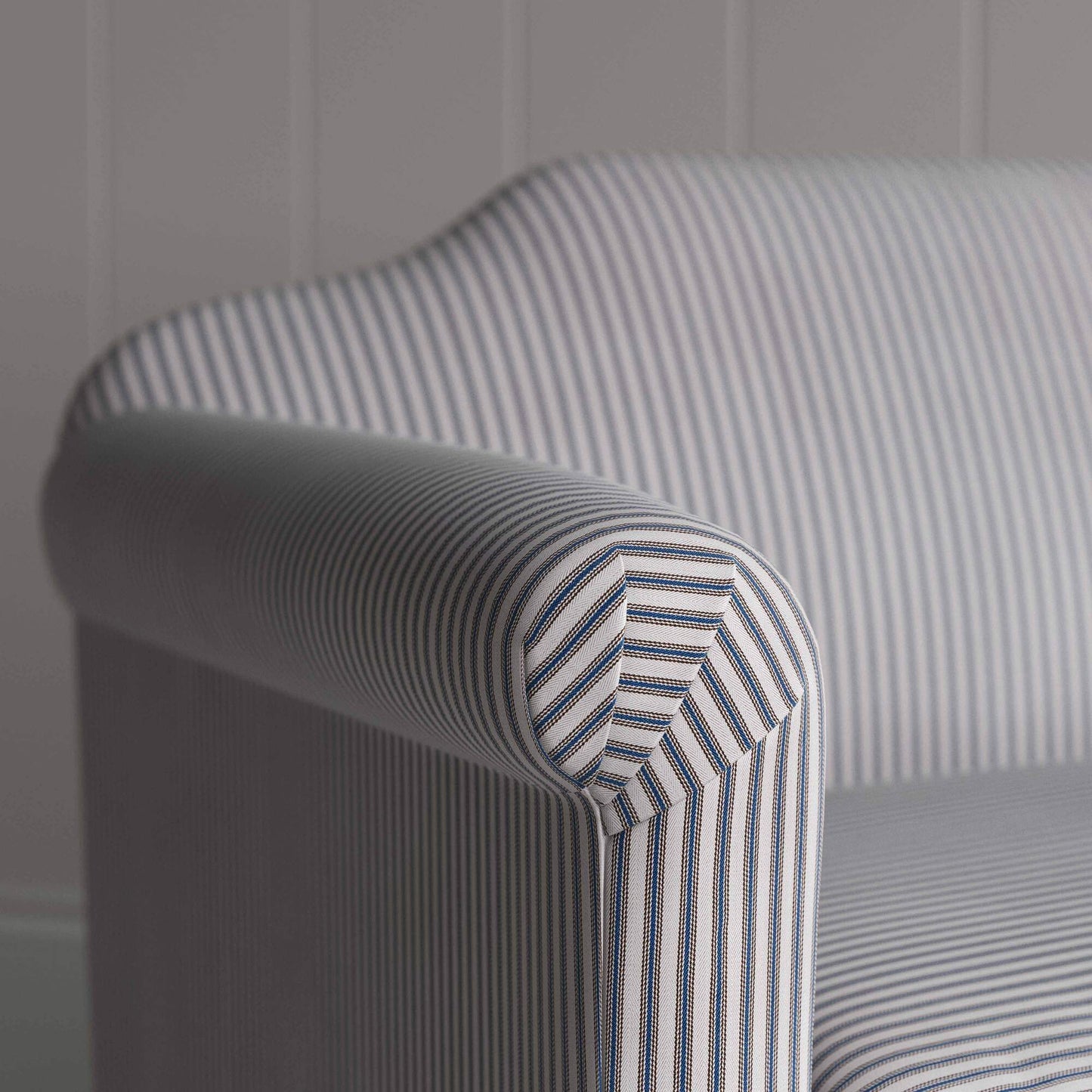 Dolittle in Ticking Cotton, Blue Brown, Arm Design Closeup - Nicola Harding