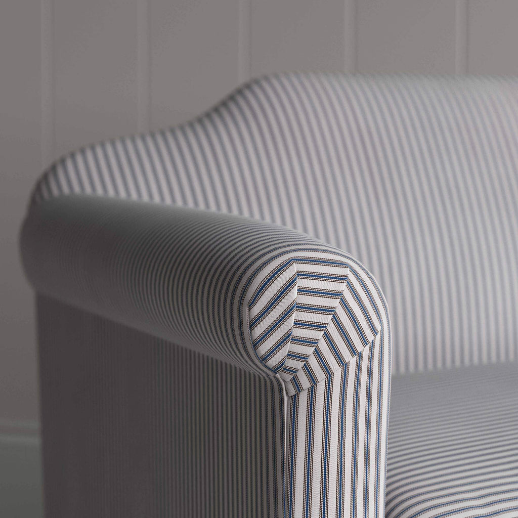 Dolittle in Ticking Cotton, Blue Brown, Arm Design Closeup - Nicola Harding