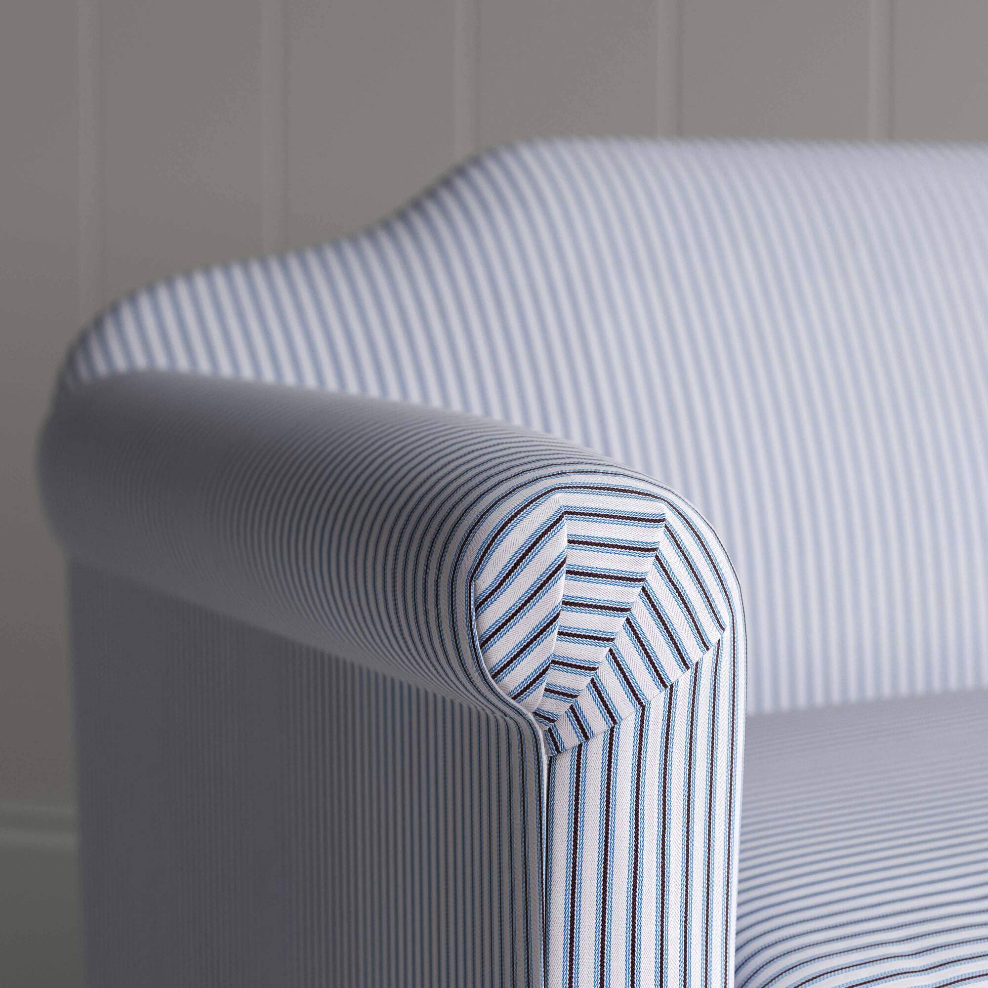 Dolittle in Ticking Cotton, Aqua Brown, Arm Design Closeup - Nicola Harding