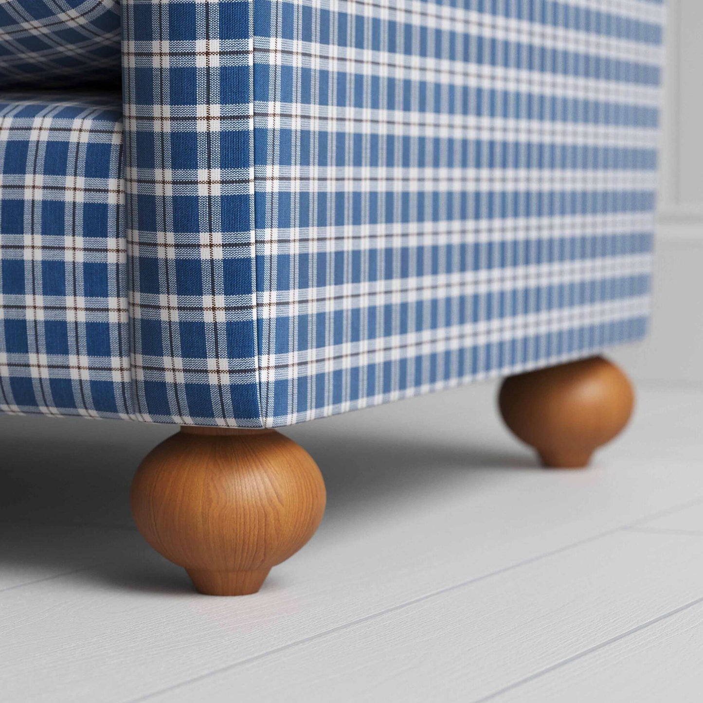 Dolittle in Well Plaid Cotton, Blue Brown, Wooden Feet Closeup - Nicola Harding