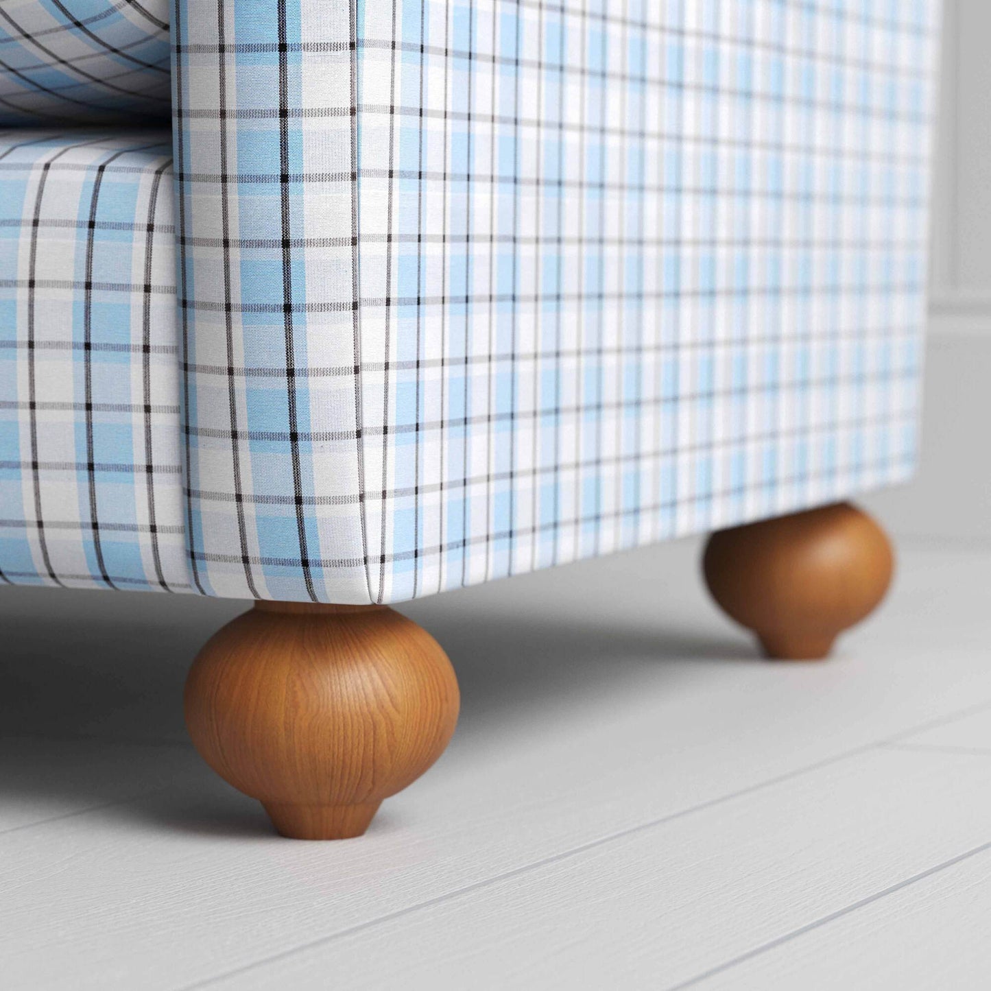 Dolittle in Square Deal Cotton, Blue Brown, Wooden Feet Closeup - Nicola Harding