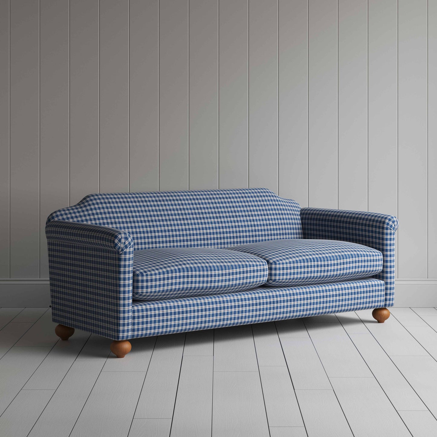 Dolittle 4 Seater Sofa in Well Plaid Cotton, Blue Brown - Nicola Harding