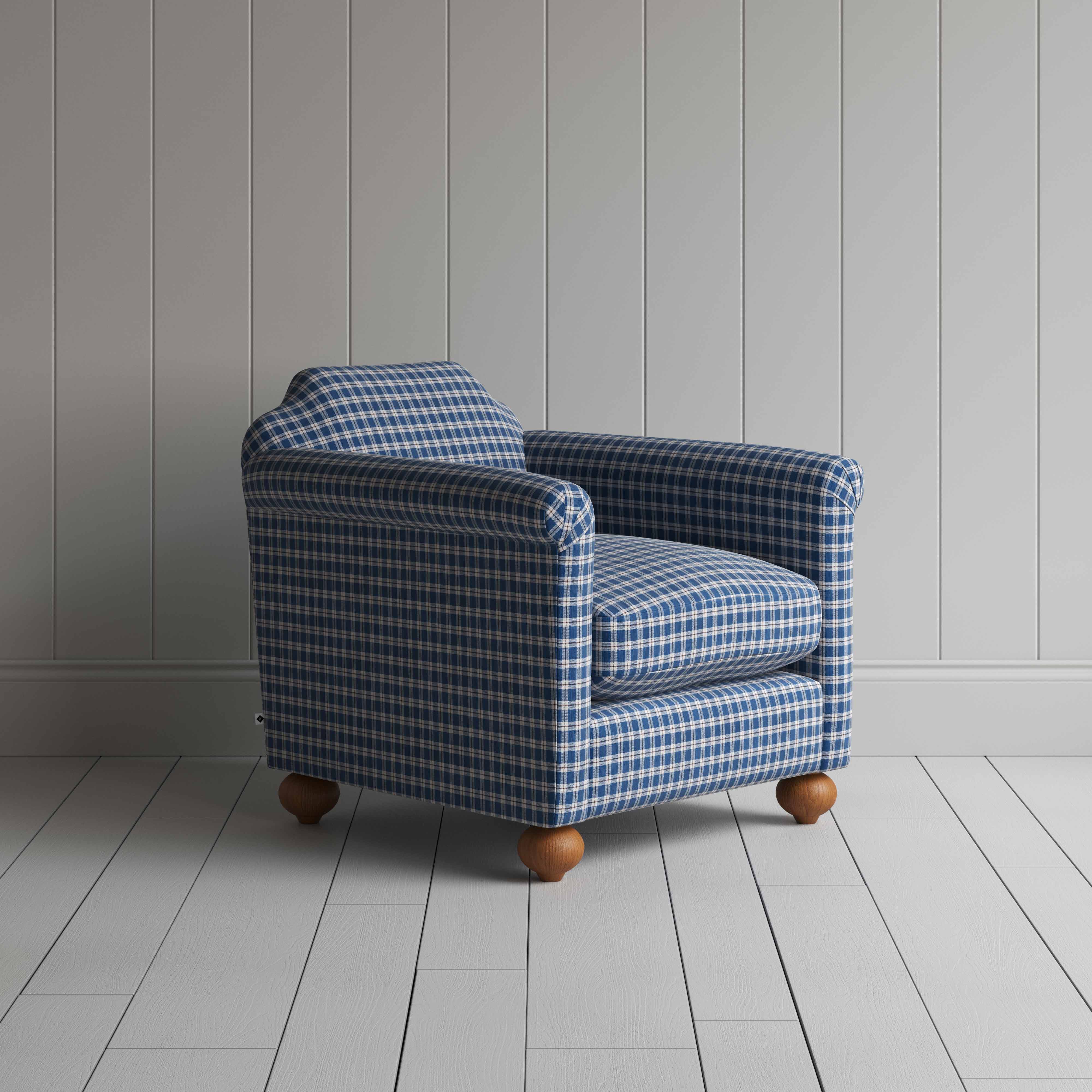  Dolittle Armchair in Well Plaid Cotton, Blue Brown 