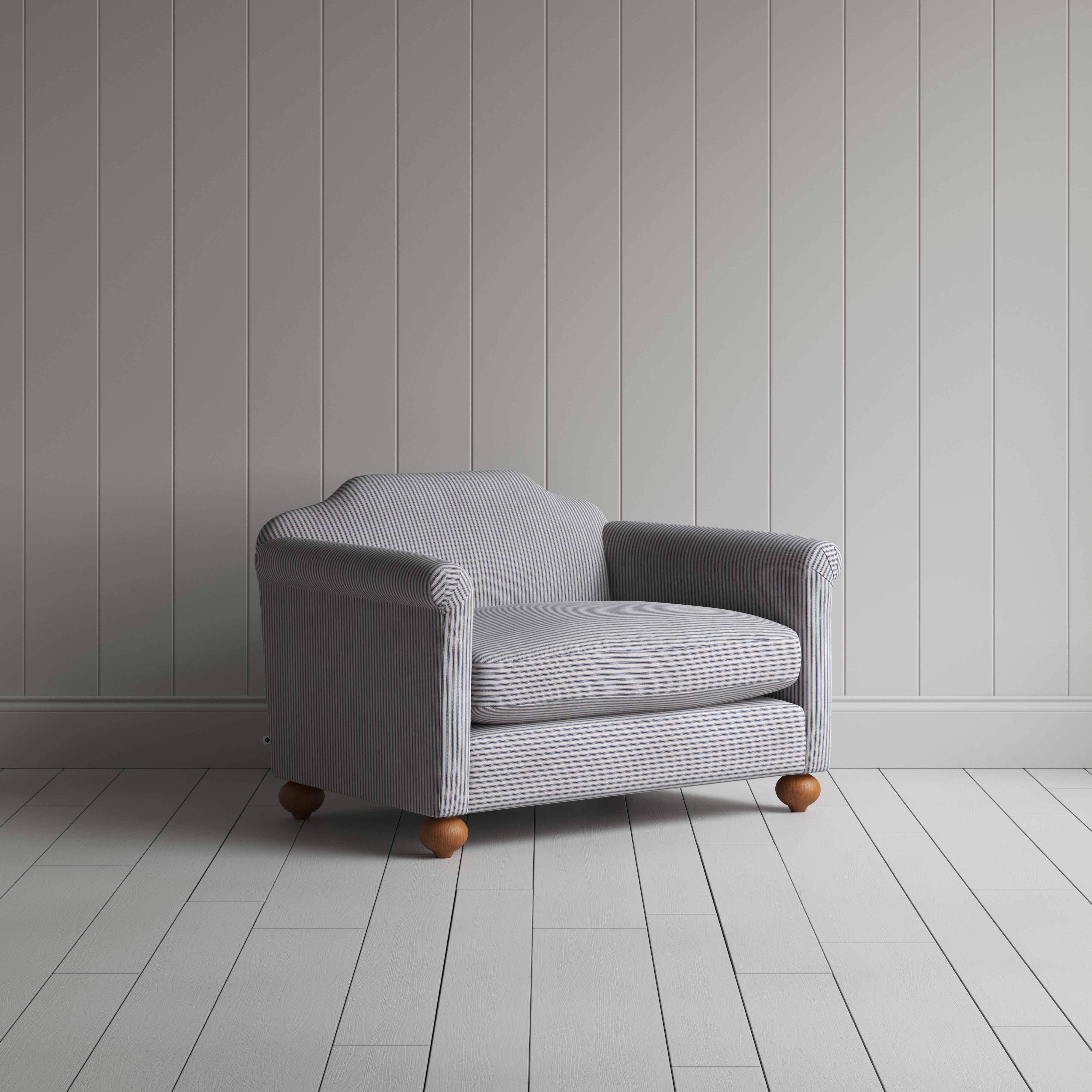 Dolittle Love Seat in Ticking Cotton, Blue Brown - Nicola Harding