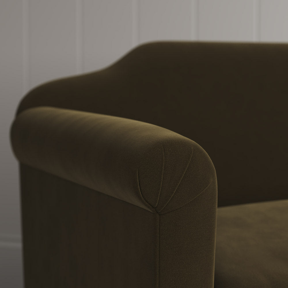 Dolittle Big Love Seat seaweed velvet armrest detail shot by Nicola Harding.