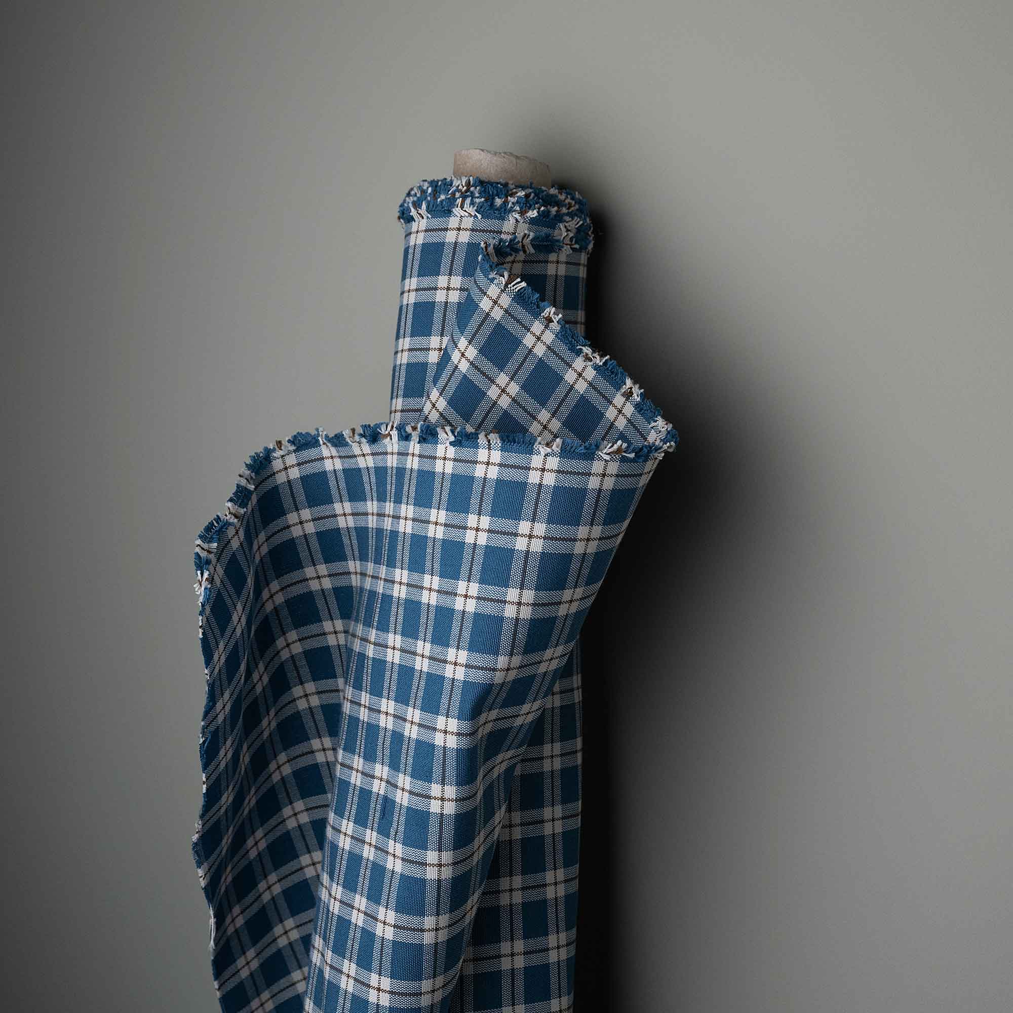 Curtain Call Love Seat in Well Plaid Cotton, Blue Brown - Nicola Harding