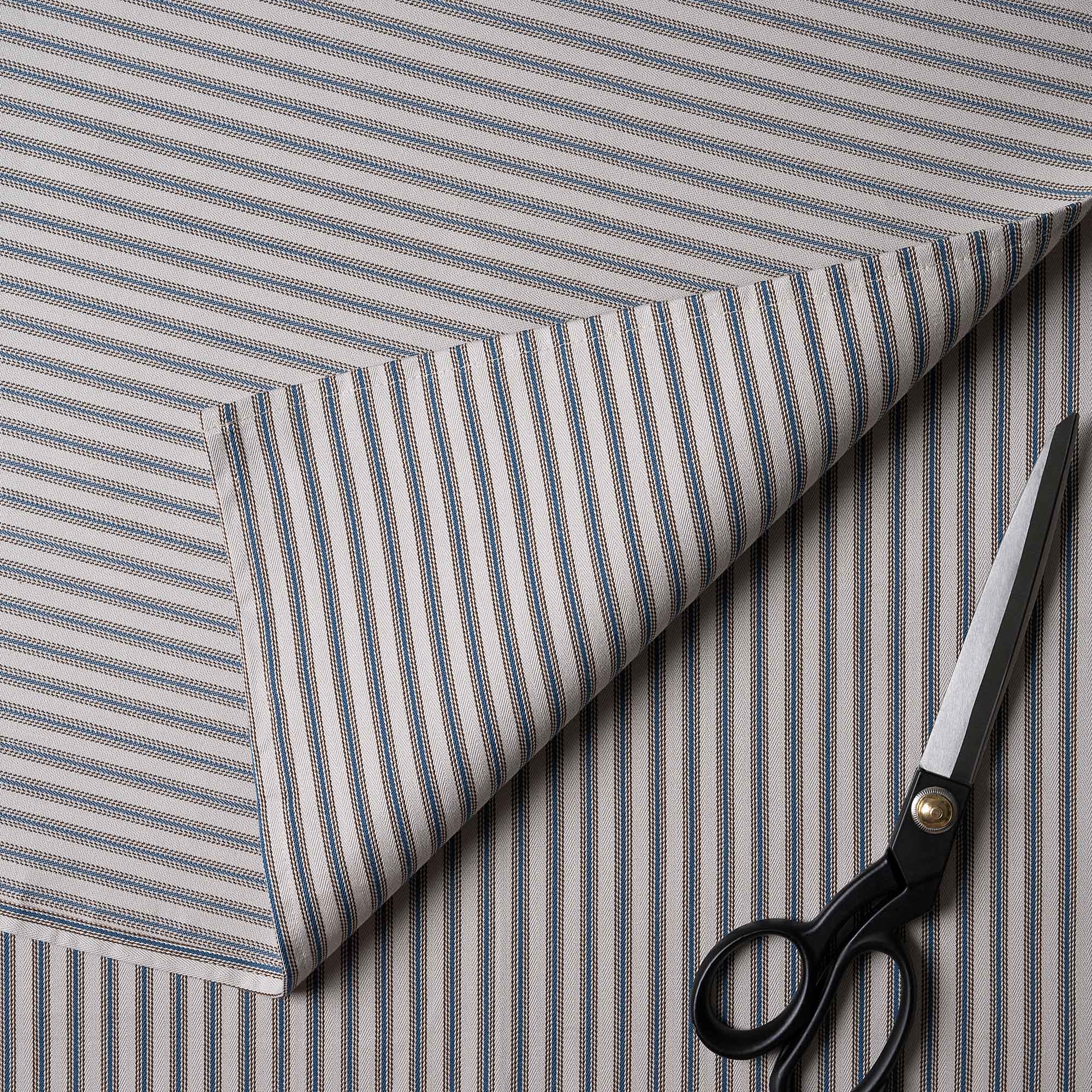 Ticking Cotton, Blue Brown, Fabric with Scissor - Nicola Harding