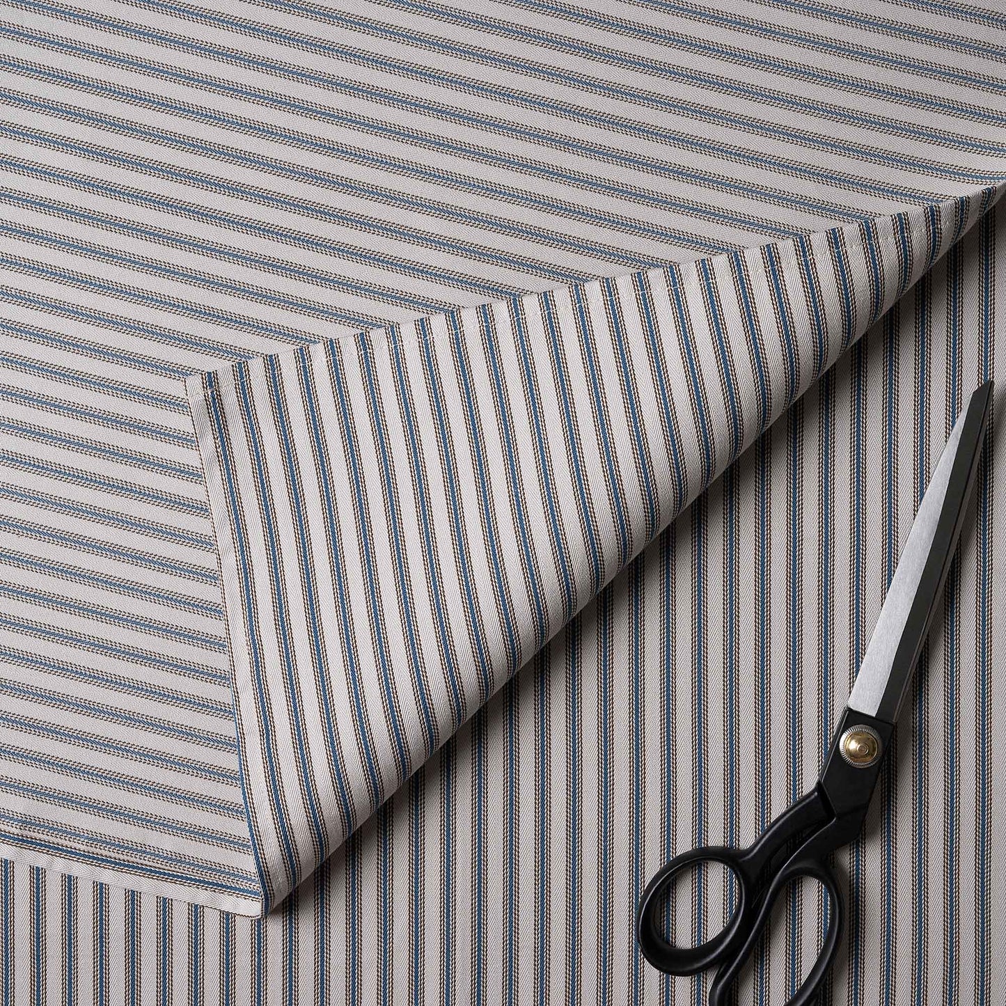 Ticking Cotton, Blue Brown, Fabric with Scissor - Nicola Harding