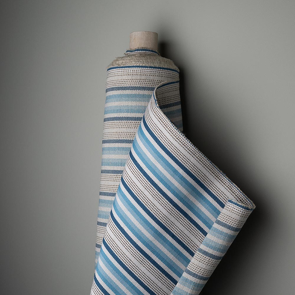 Front Row 3 Seater Upholstered Bench in Laidback Linen Dove Frame and Slow Lane Cotton Linen Blue - Nicola Harding