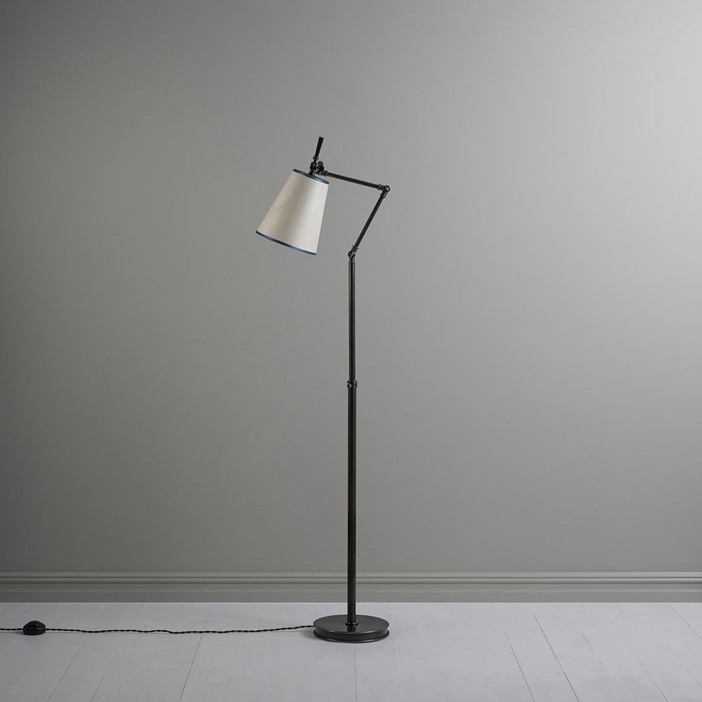 Focused Floor Lamp in Waxed Brass, With To The Point Paper Empire Lamp Shade in Soft White with Peacock Blue Trim - Nicola Harding