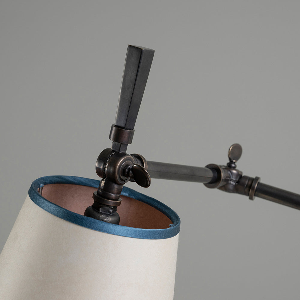 Focused Floor Lamp in Waxed Brass, With, Paper Empire Lamp Shade in Soft White with Peacock Blue Trim, Lampshade Holder Lever Closeup - Nicola Harding