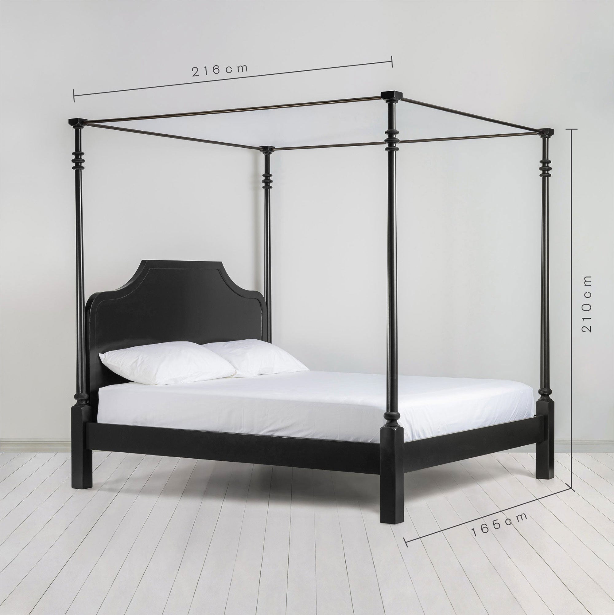 Dimensions of Folly Four Poster Bed in Jet Black, King Size Height 210cm, Width 165cm, and Length 216cm
