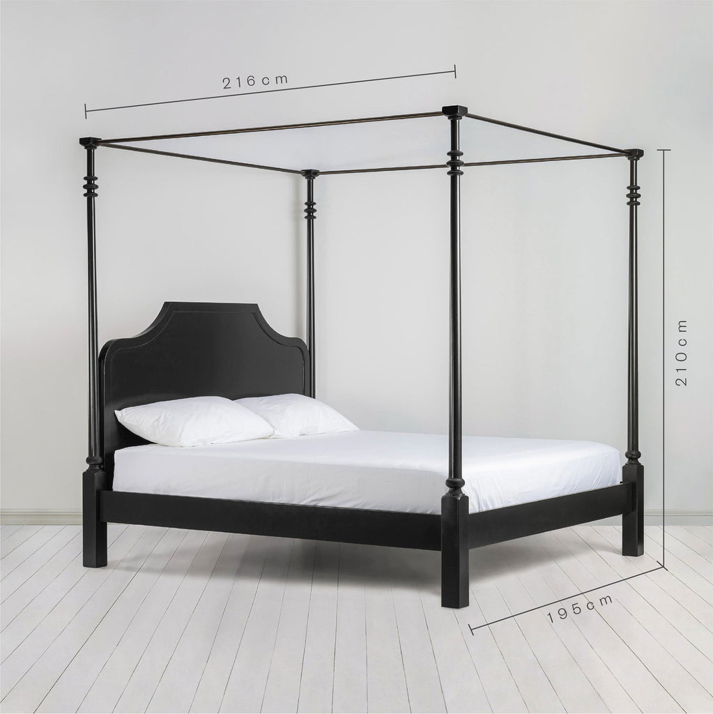 Dimensions of Folly Four Poster Bed in Jet Black, Super King Size Height 210cm, Width 195cm, and Length 216cm