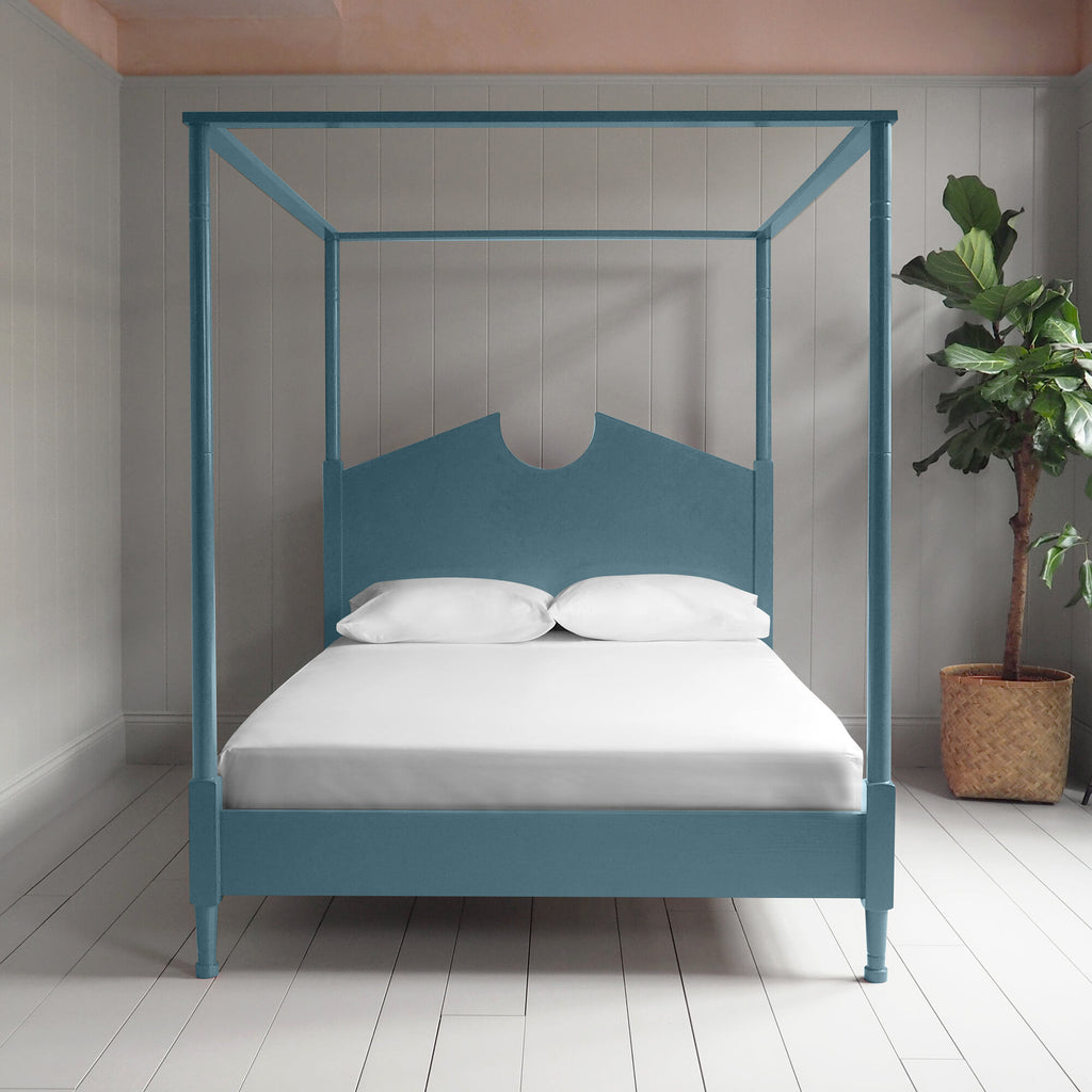 Front view of Marine blue four poster bed - NiX By Nicola Harding & Co.