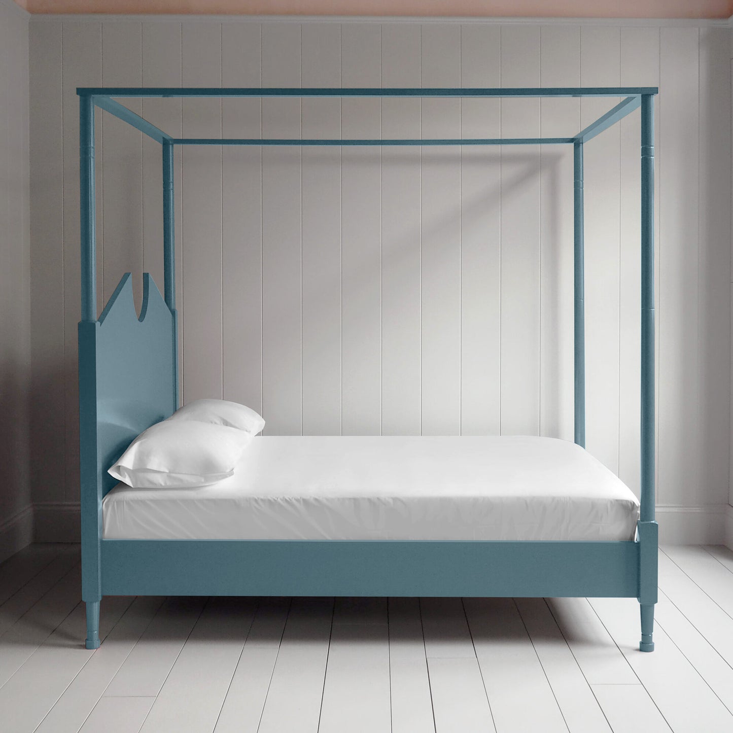 Side View of Marine Blue Four poster bed - NiX By Nicola Harding & Co.