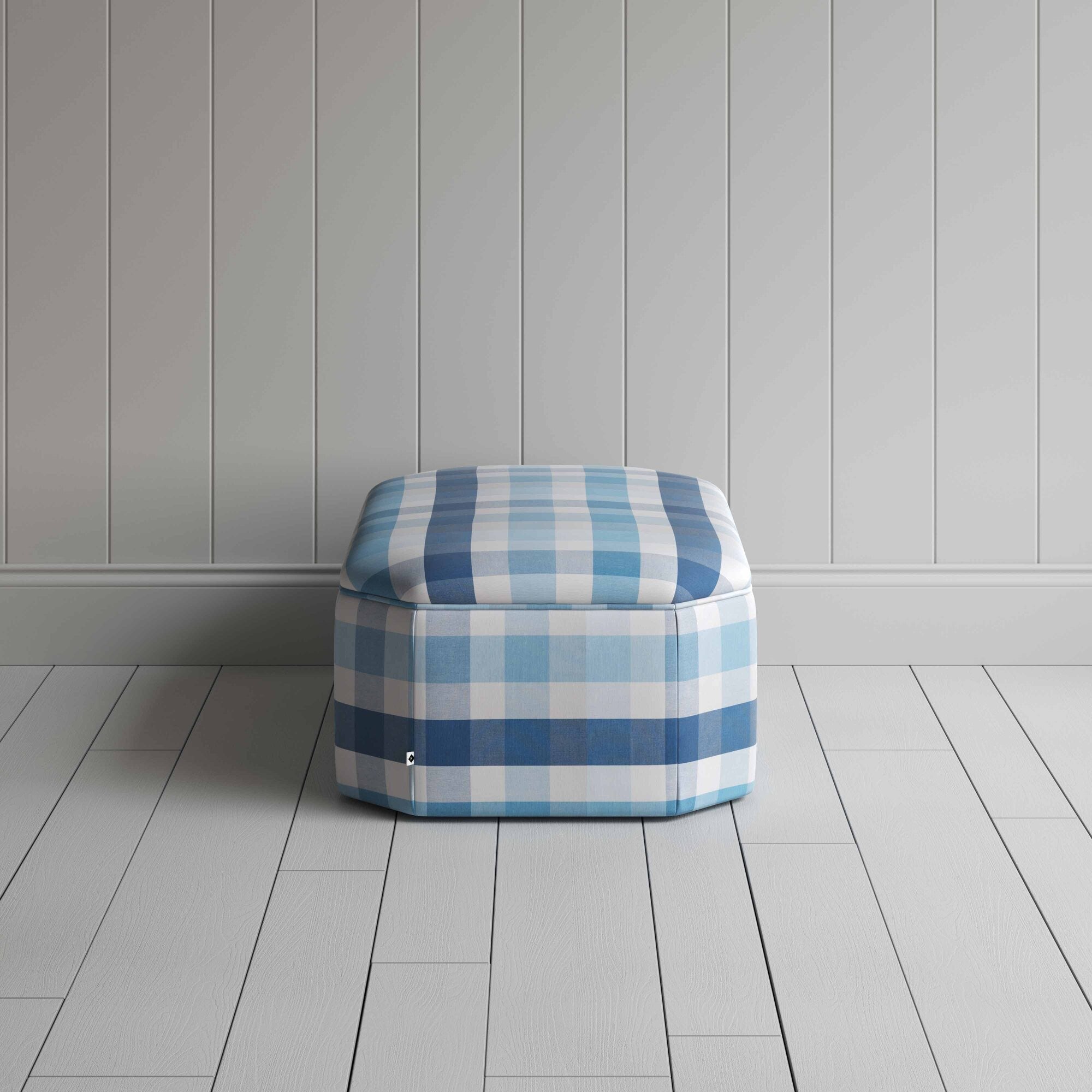 Ottoman in Checkmate Cotton, Blue, Side View - Nicola Harding