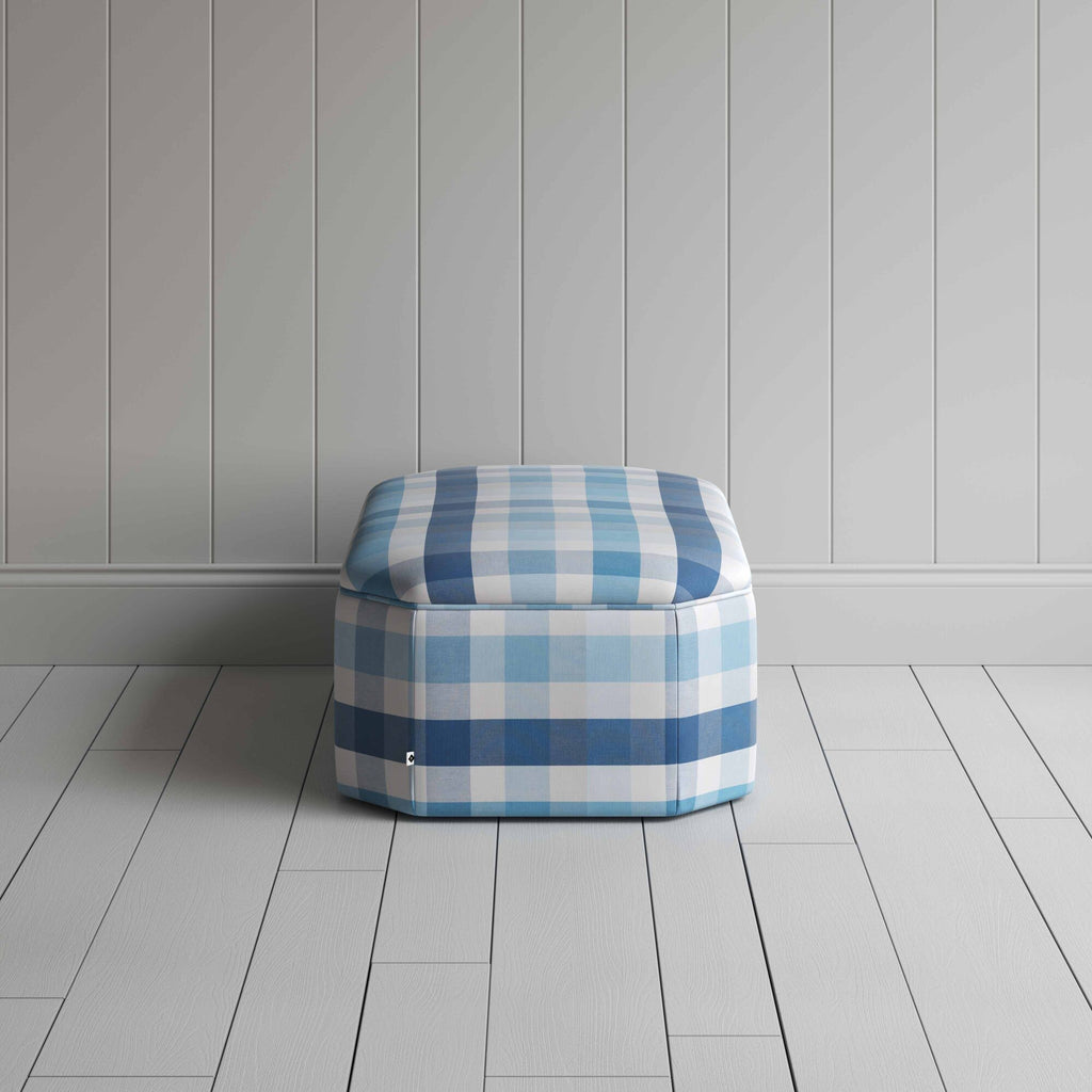 Ottoman in Checkmate Cotton, Blue, Side View - Nicola Harding