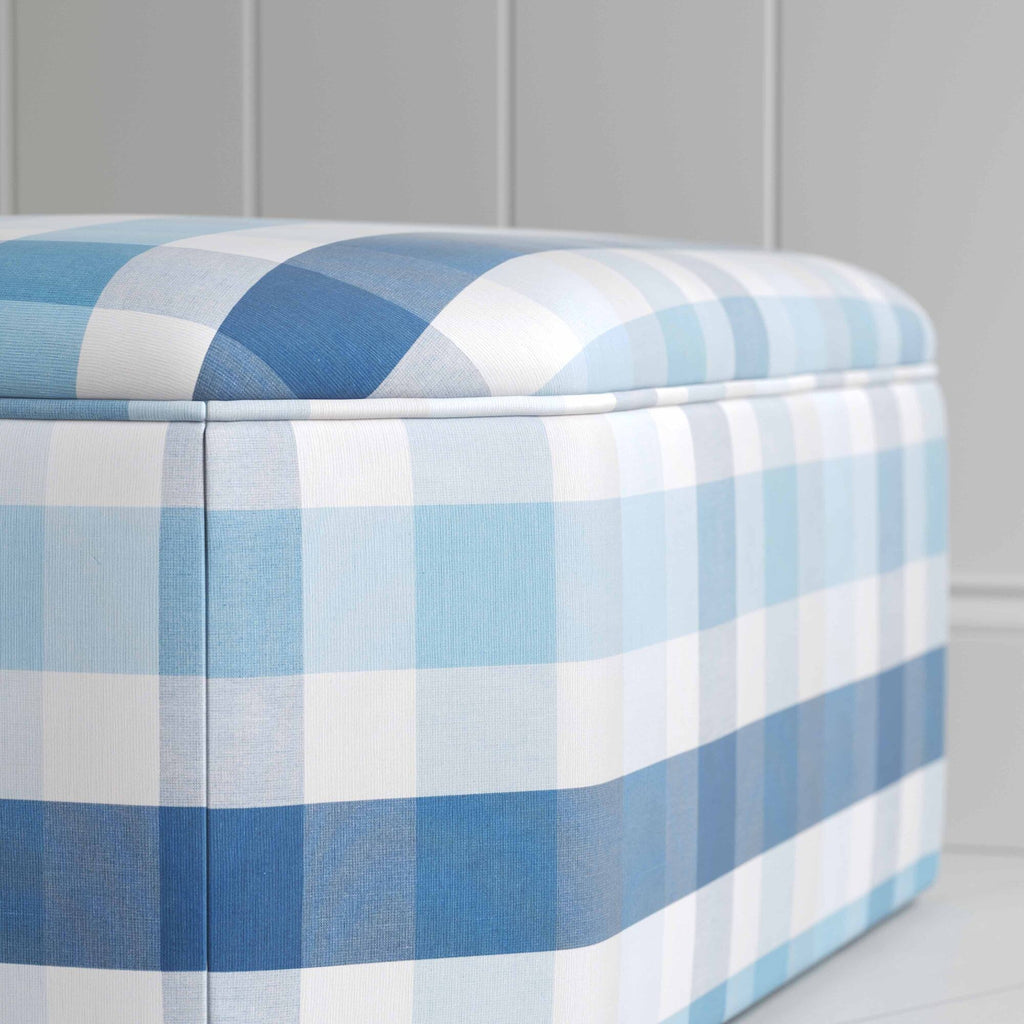 Design Closeup of Ottoman in Checkmate Cotton, Blue - Nicola Harding & Co.