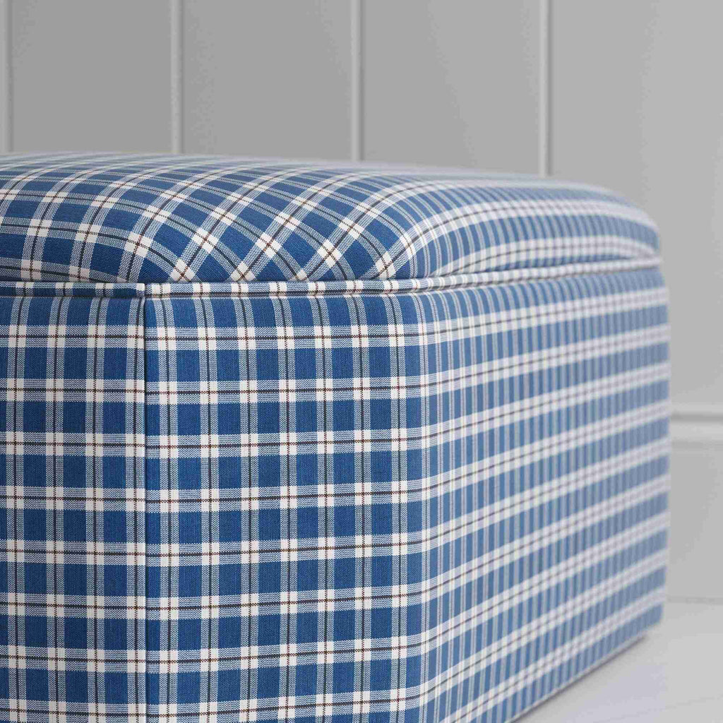 Design Closeup of Ottoman in Well Plaid Cotton, Blue Brown