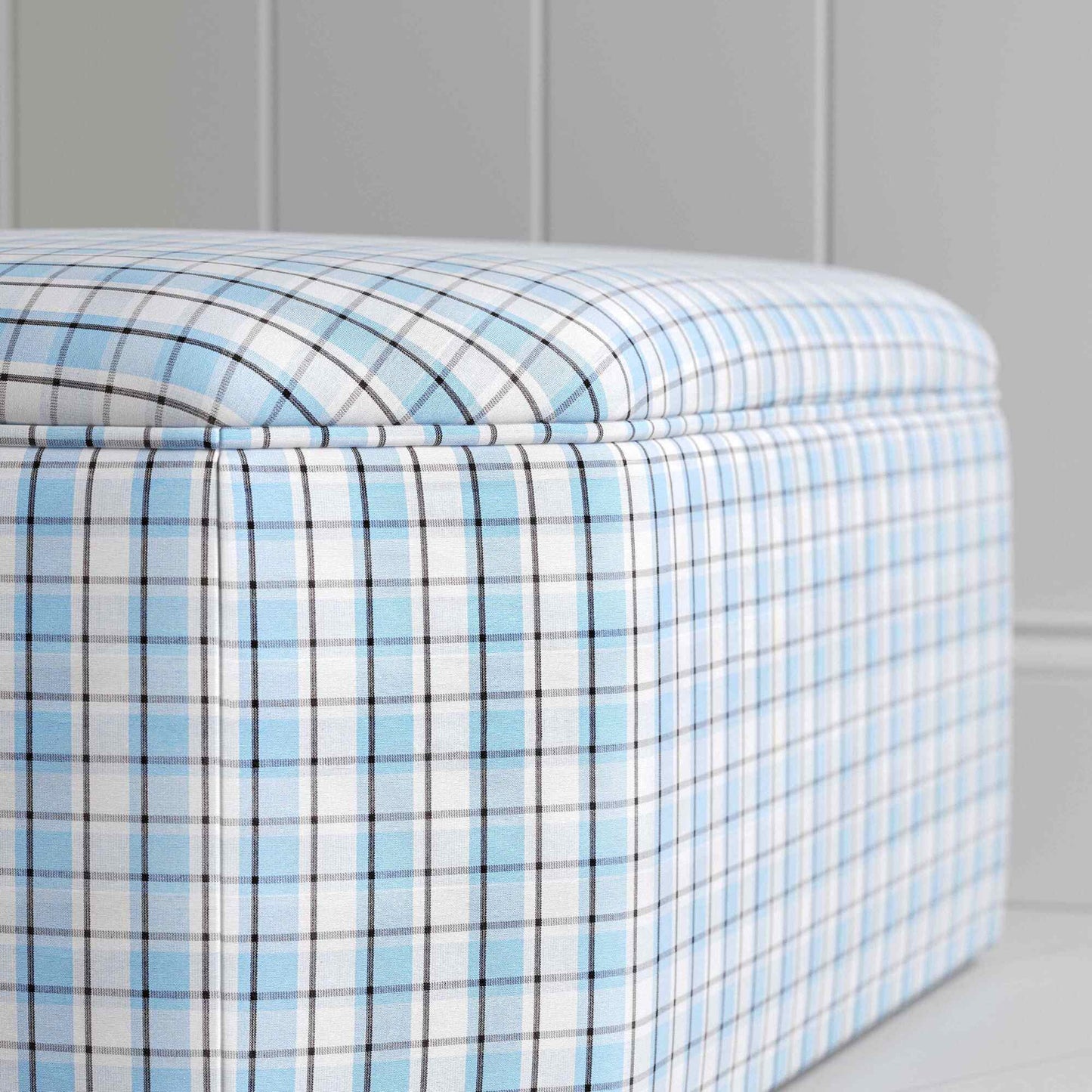 Hither Hexagonal Ottoman in Square Deal Cotton, Blue Brown