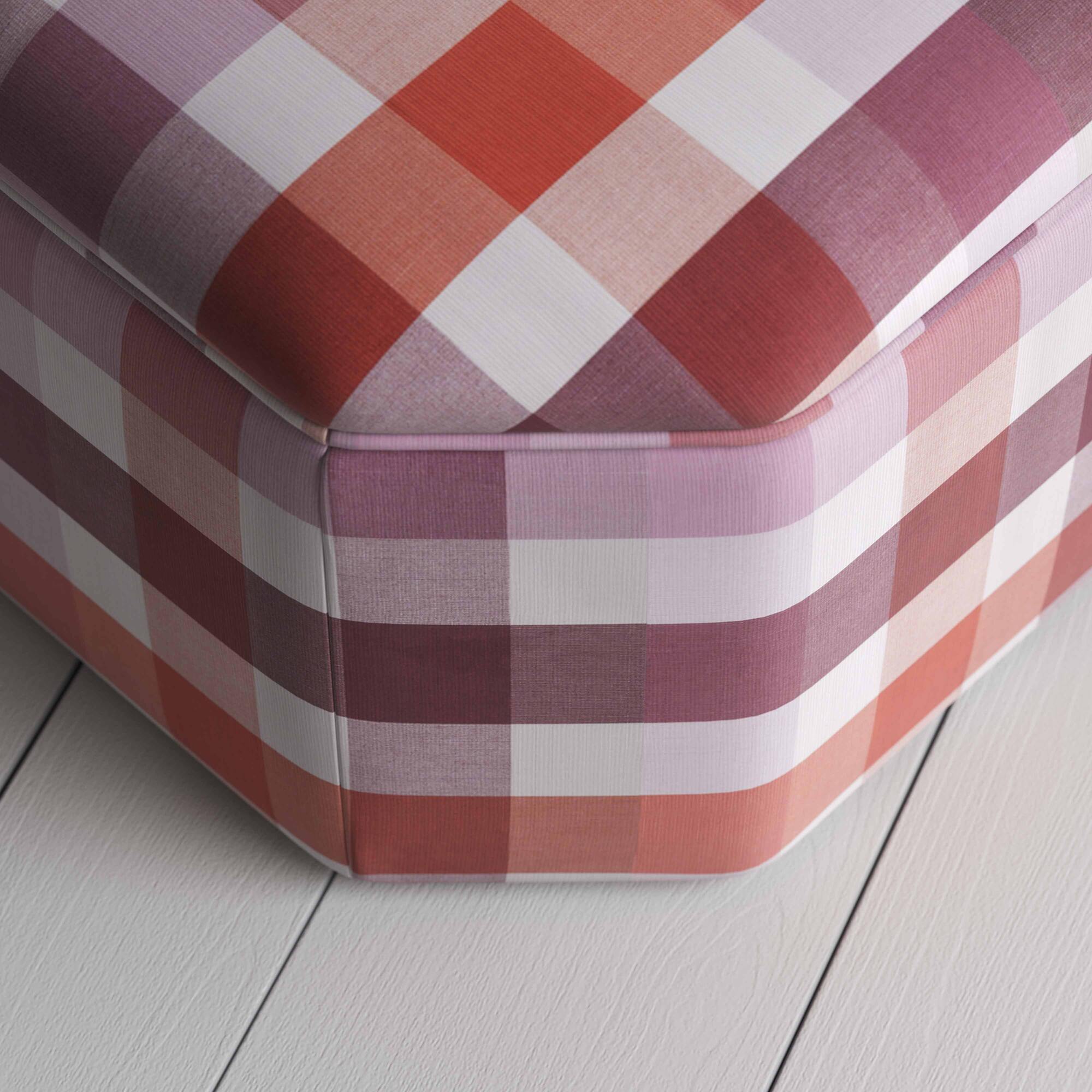 Ottoman in Checkmate Cotton, Berry. Top View - Nicola Harding & Co.