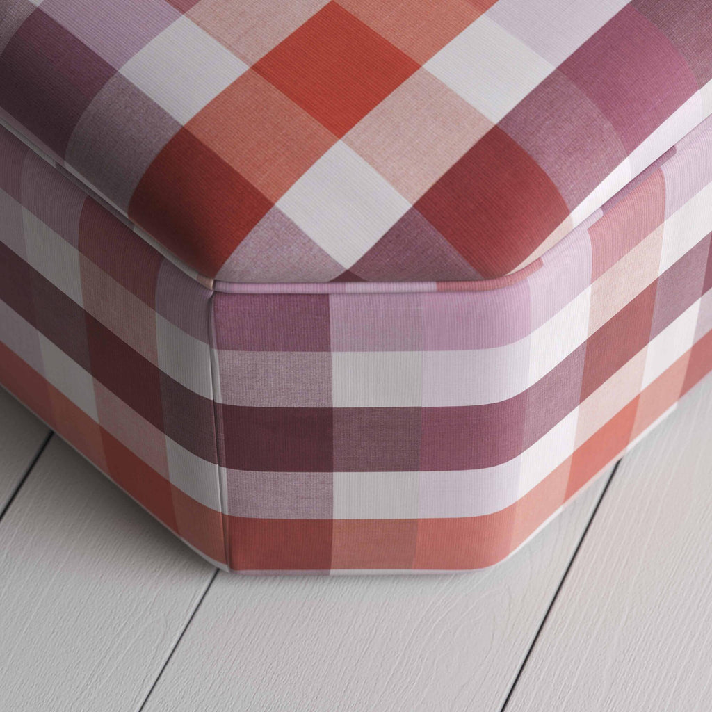 Ottoman in Checkmate Cotton, Berry. Top View - Nicola Harding & Co.