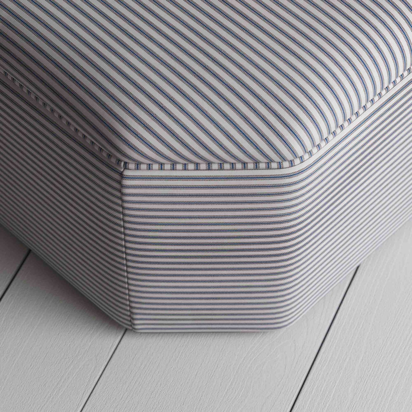 Hither Hexagonal Ottoman in Ticking Cotton, Blue Brown