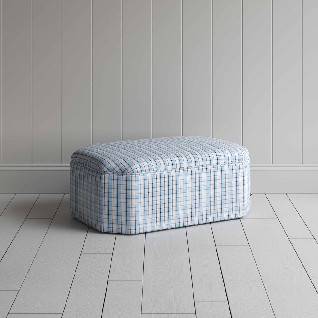 Hither Hexagonal Ottoman in Square Deal Cotton, Blue Brown - Nicola Harding