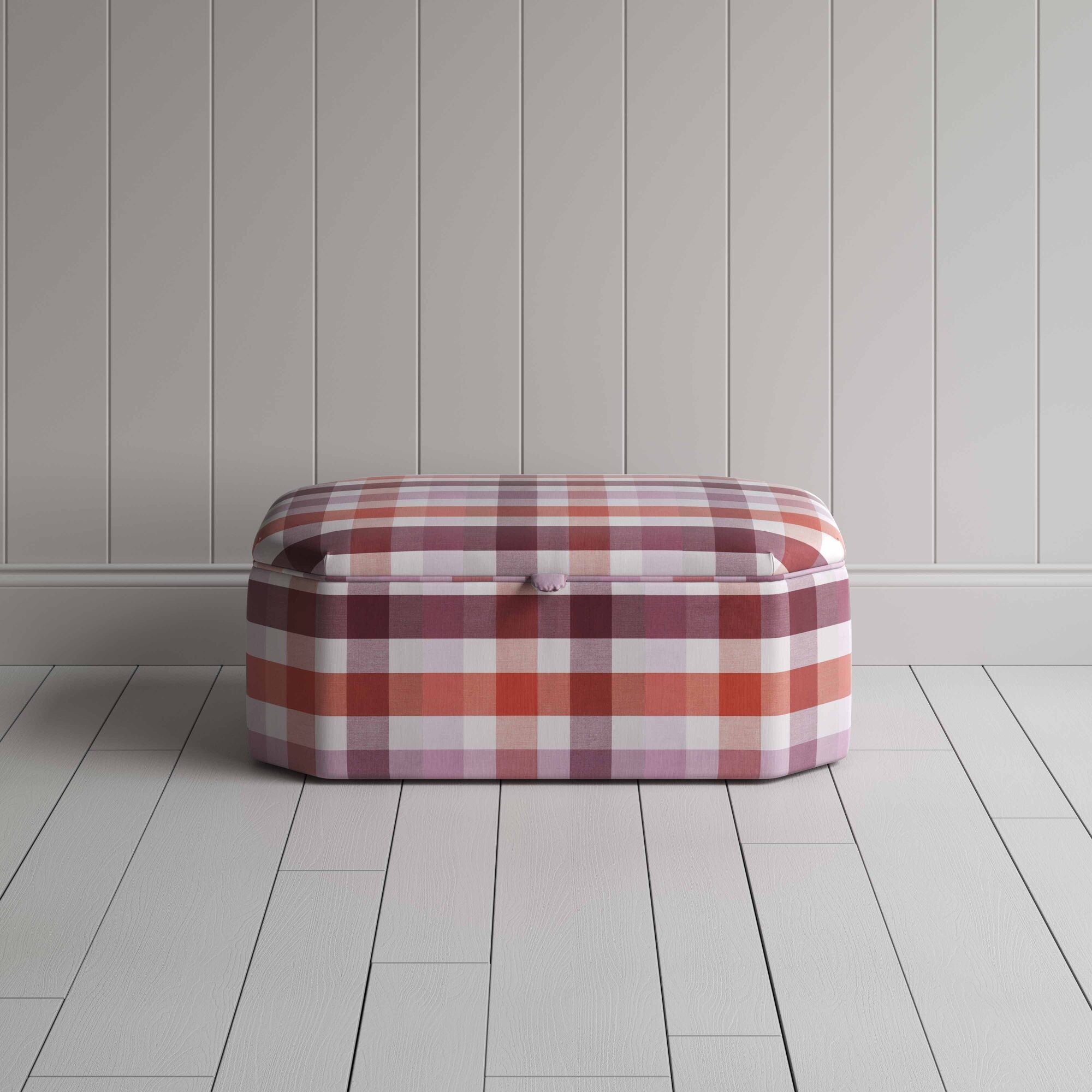 Front View of Storage Ottoman in Checkmate Cotton, Berry - Nicola Harding