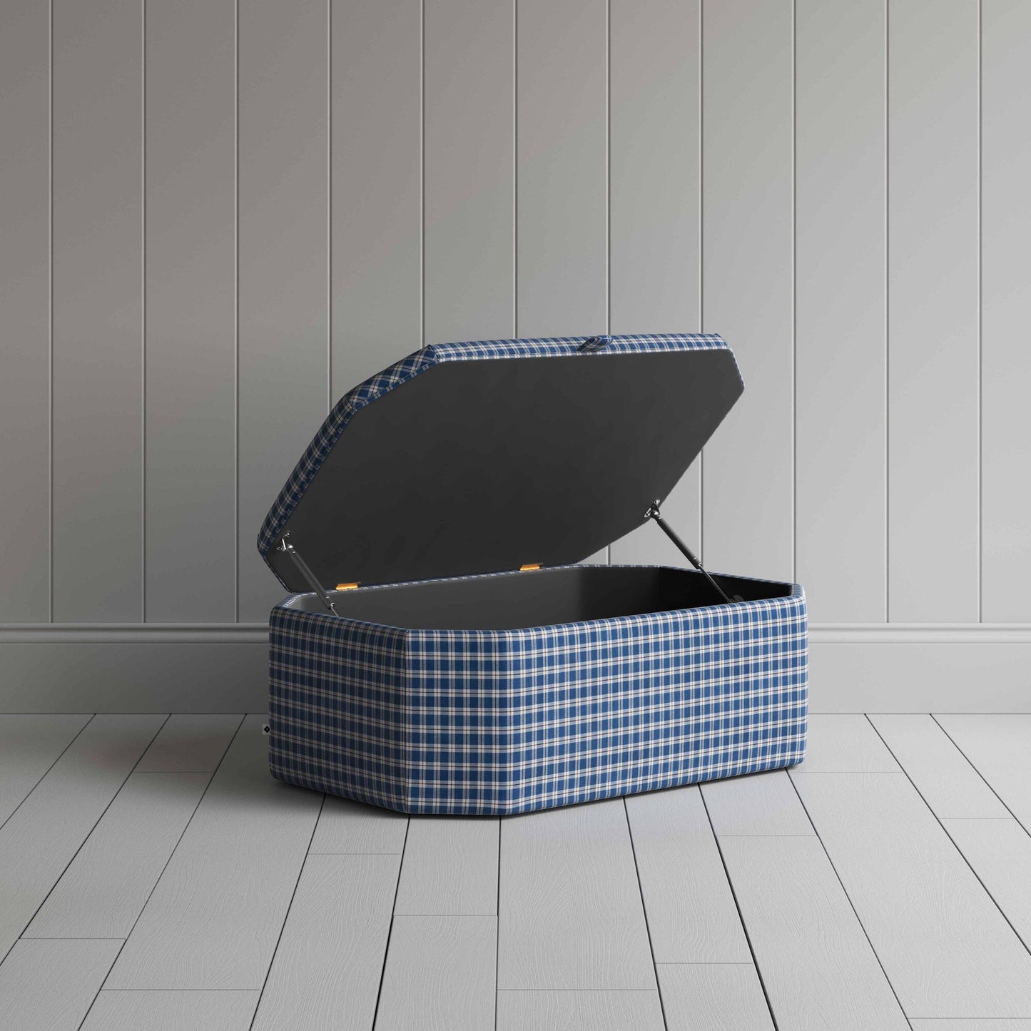 Hither Hexagonal Storage Ottoman in Well Plaid Cotton, Blue Brown