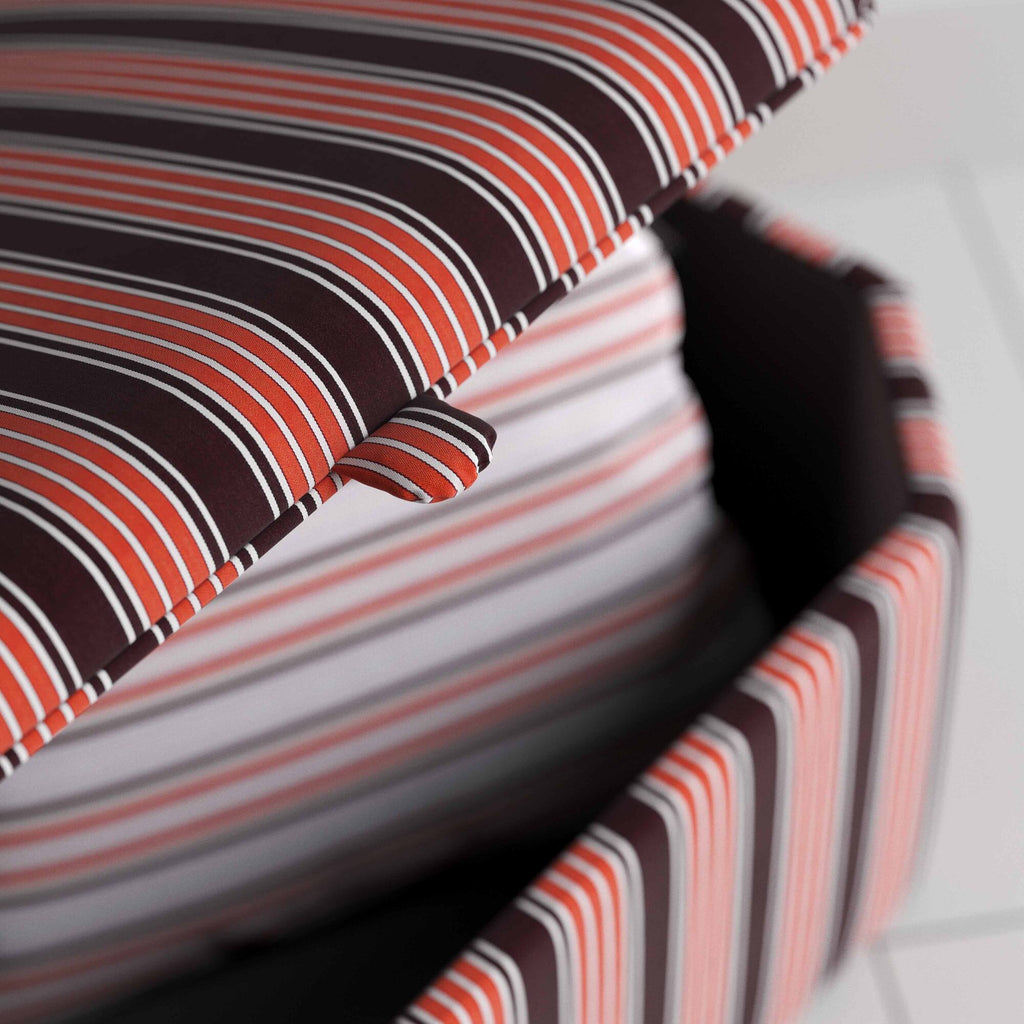 Closeup of Open Lid Hexagonal Storage Ottoman in Regatta Cotton, Flame - Nicola Harding