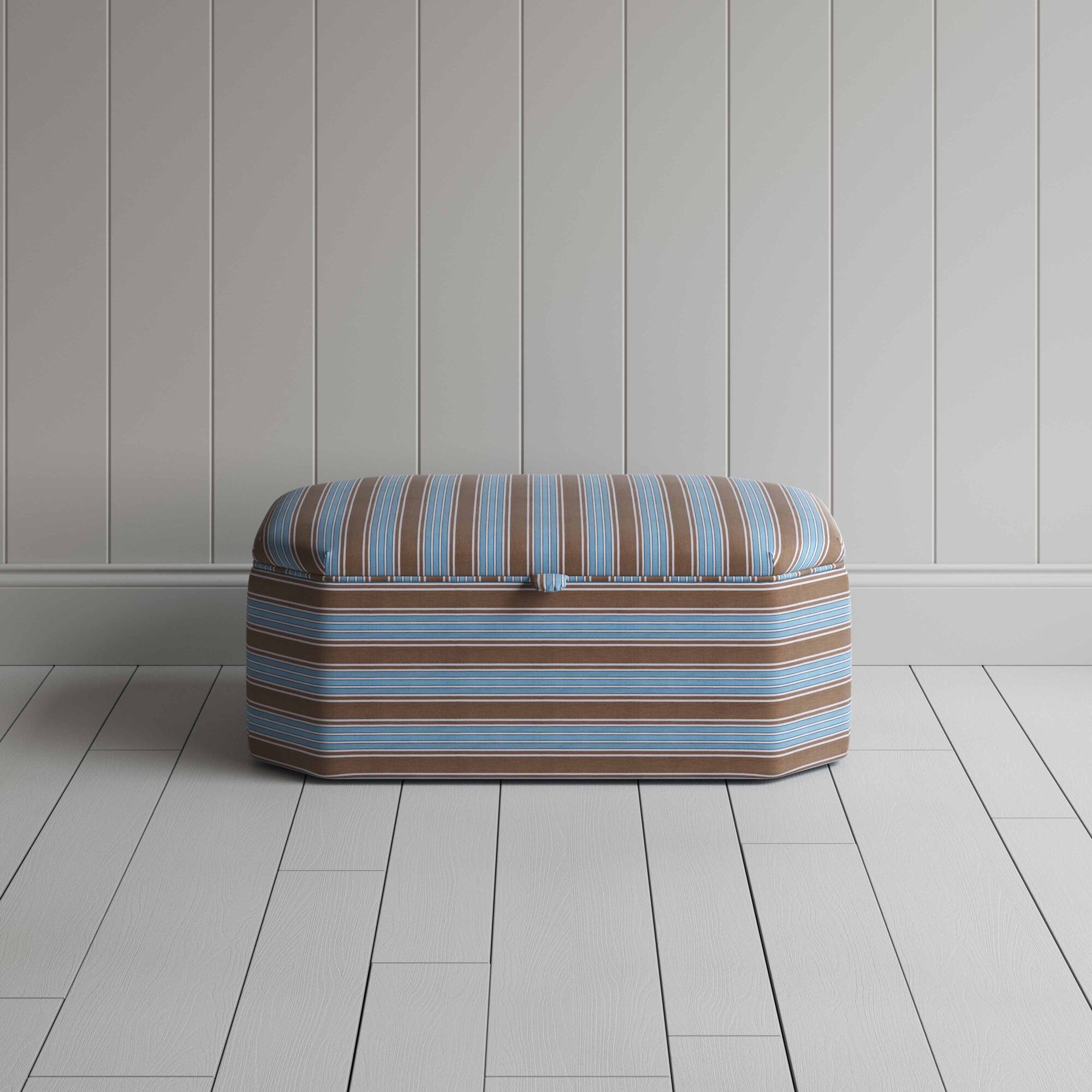 Front View of Hexagonal Storage Ottoman in Regatta Cotton, Blue - Nicola Harding