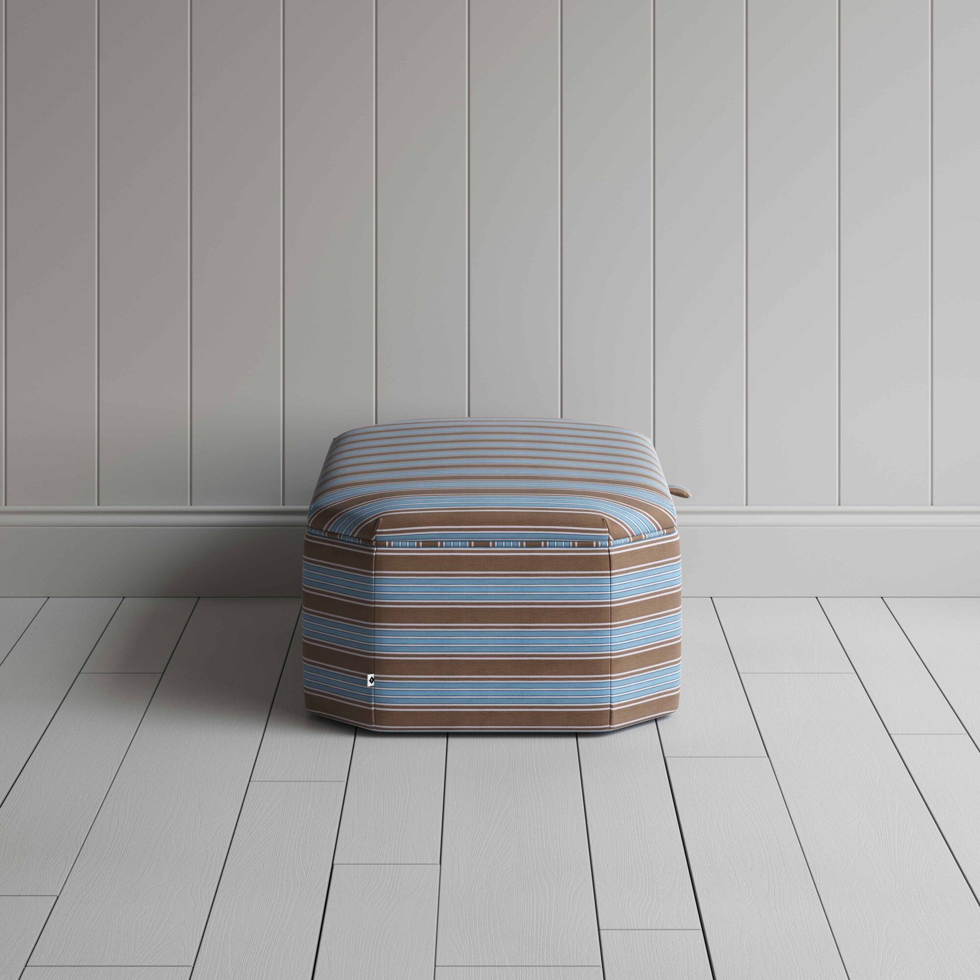 SIde View of Hexagonal Storage Ottoman in Regatta Cotton, Blue - Nicola Harding & Co.