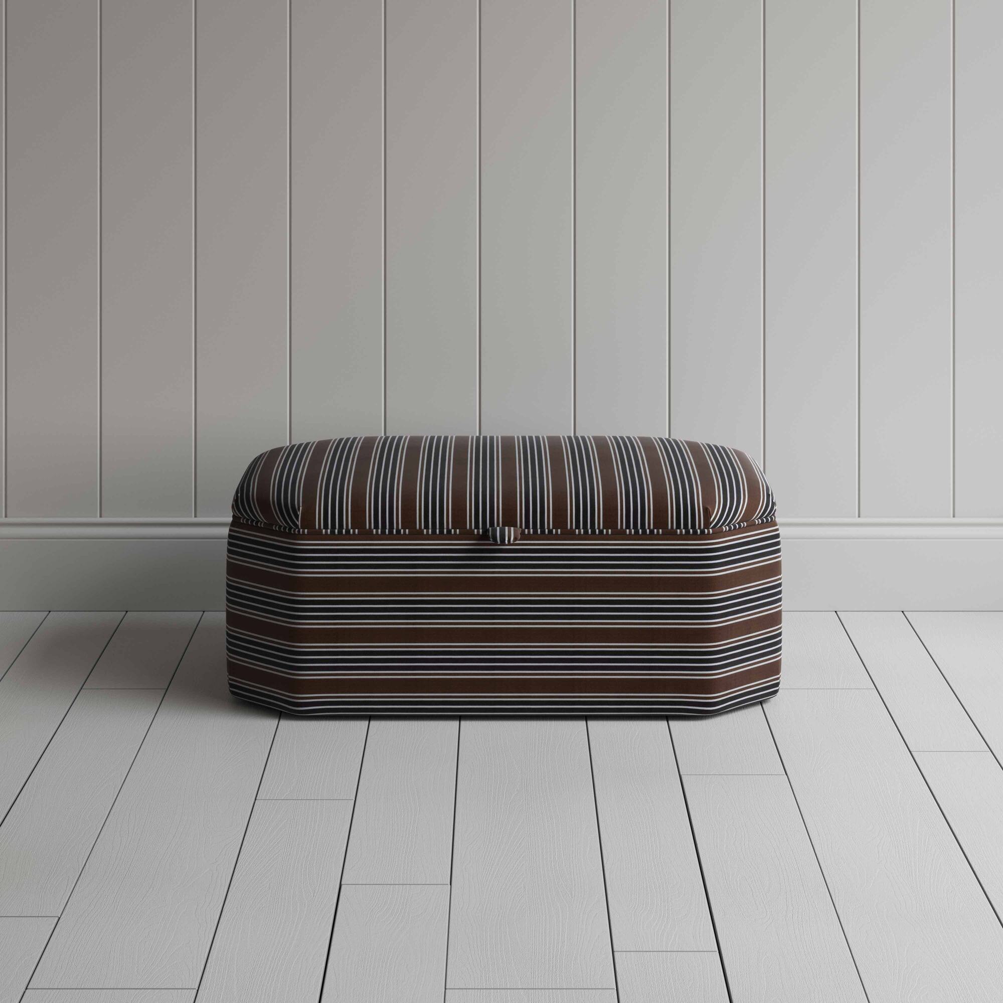 Front View of Hexagonal Storage Ottoman in Regatta Cotton, Charcoal - Nicola Harding