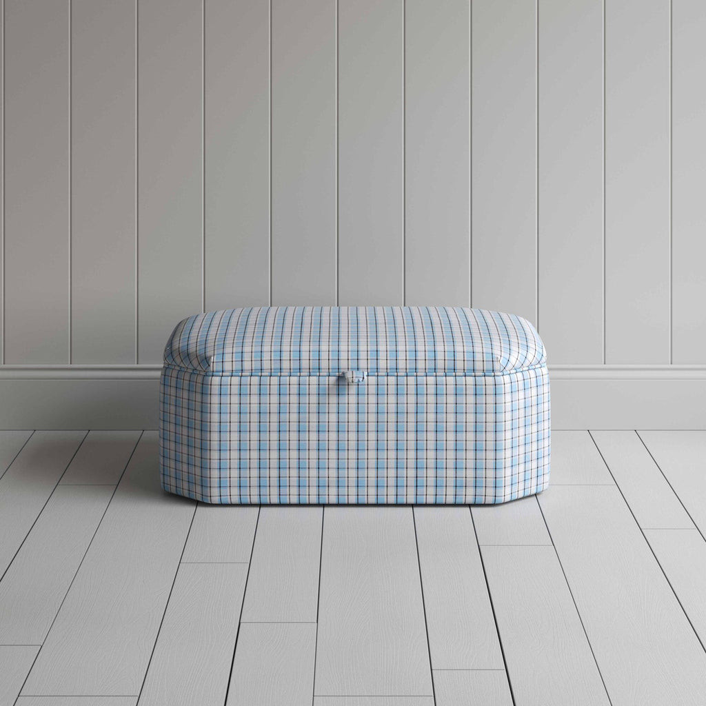 Front View of Hexagonal Storage Ottoman in Square Deal Cotton, Blue Brown - By NiX