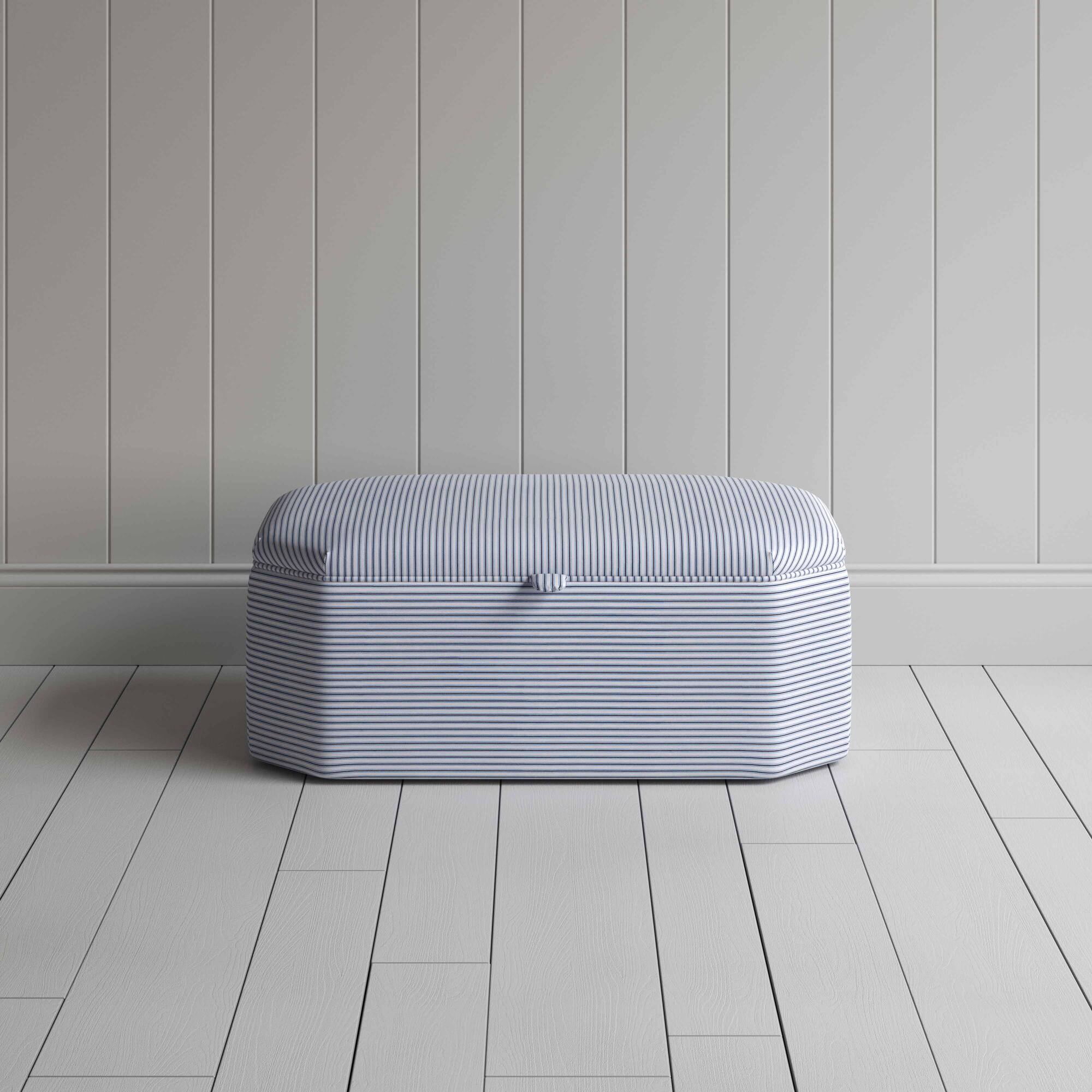 Front View of Storage Ottoman in Ticking Cotton, Aqua Brown - NiX Studio